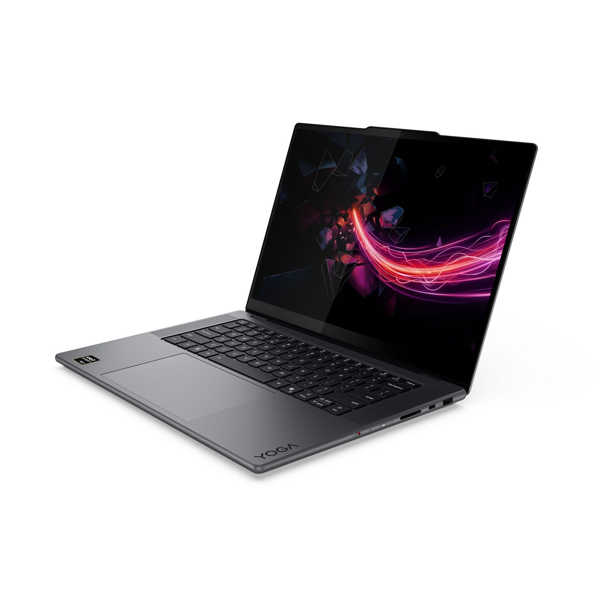Ein grauer Laptop mit leuchtendem, abstraktem Hintergrund auf dem Bildschirm.