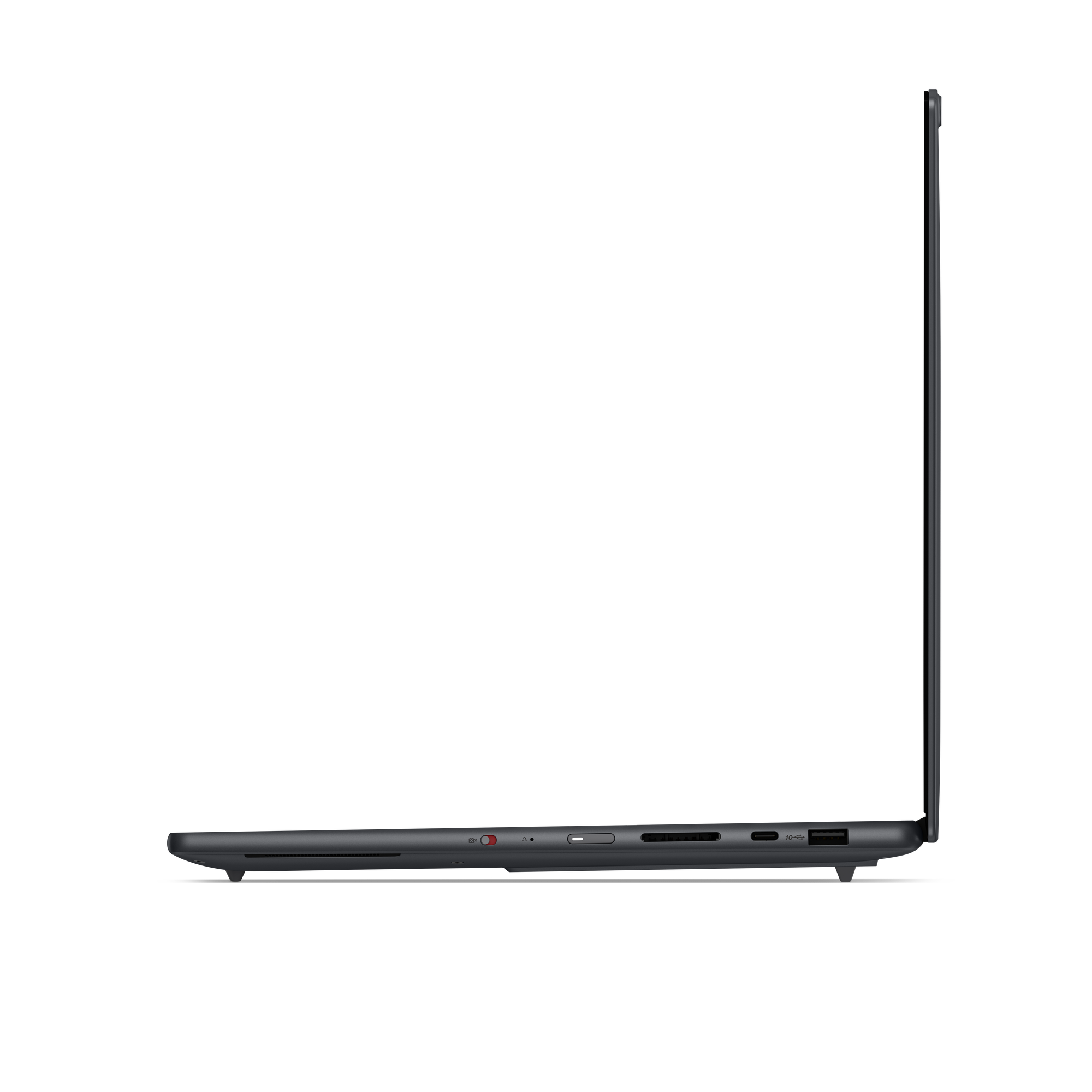 Draufsicht eines geschlossenen grauen Laptops, Seitenansicht mit Anschlüssen.