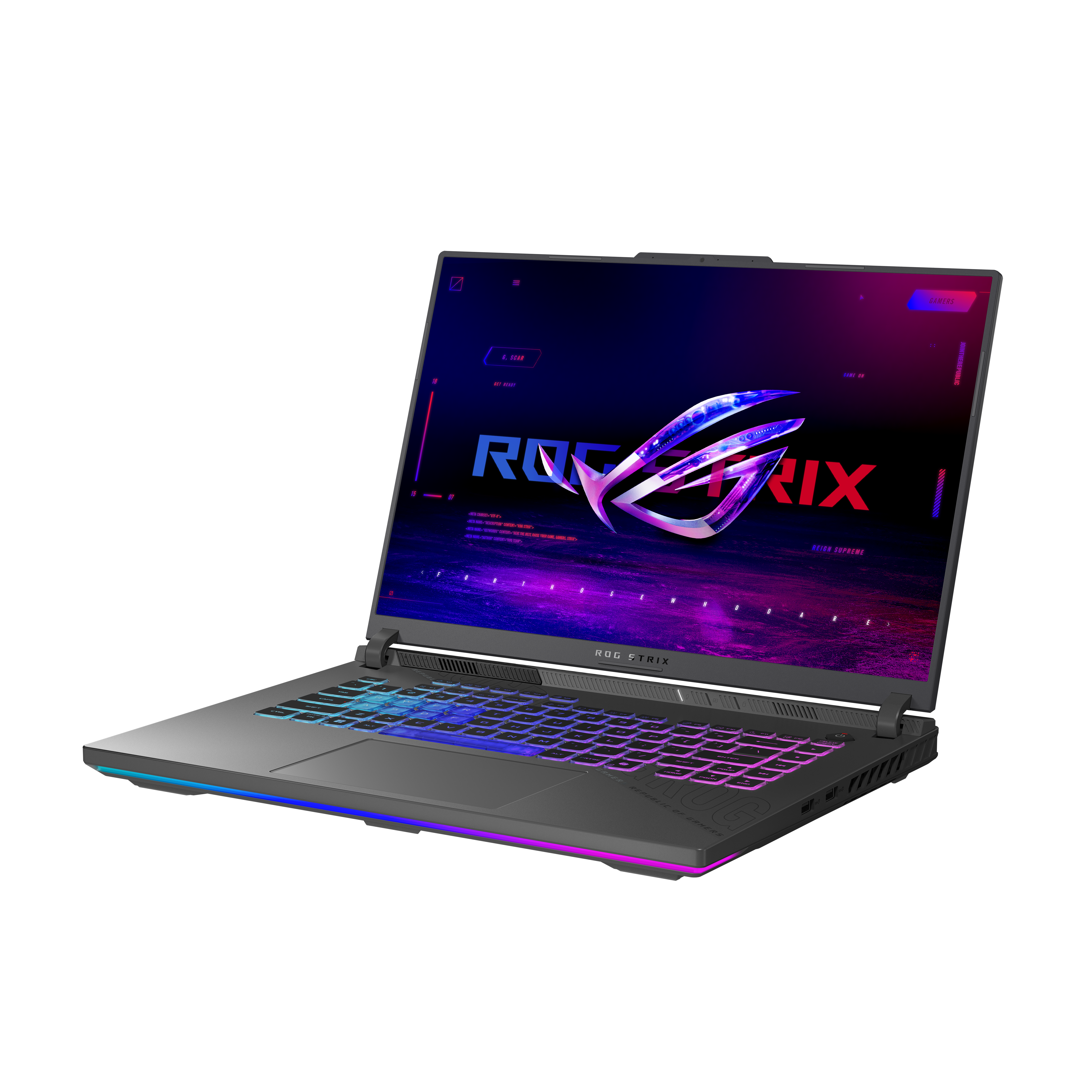 Ein ROG Strix Gaming-Laptop mit RGB-Tastatur und beleuchtetem Logo, auf schwarzem Hintergrund.