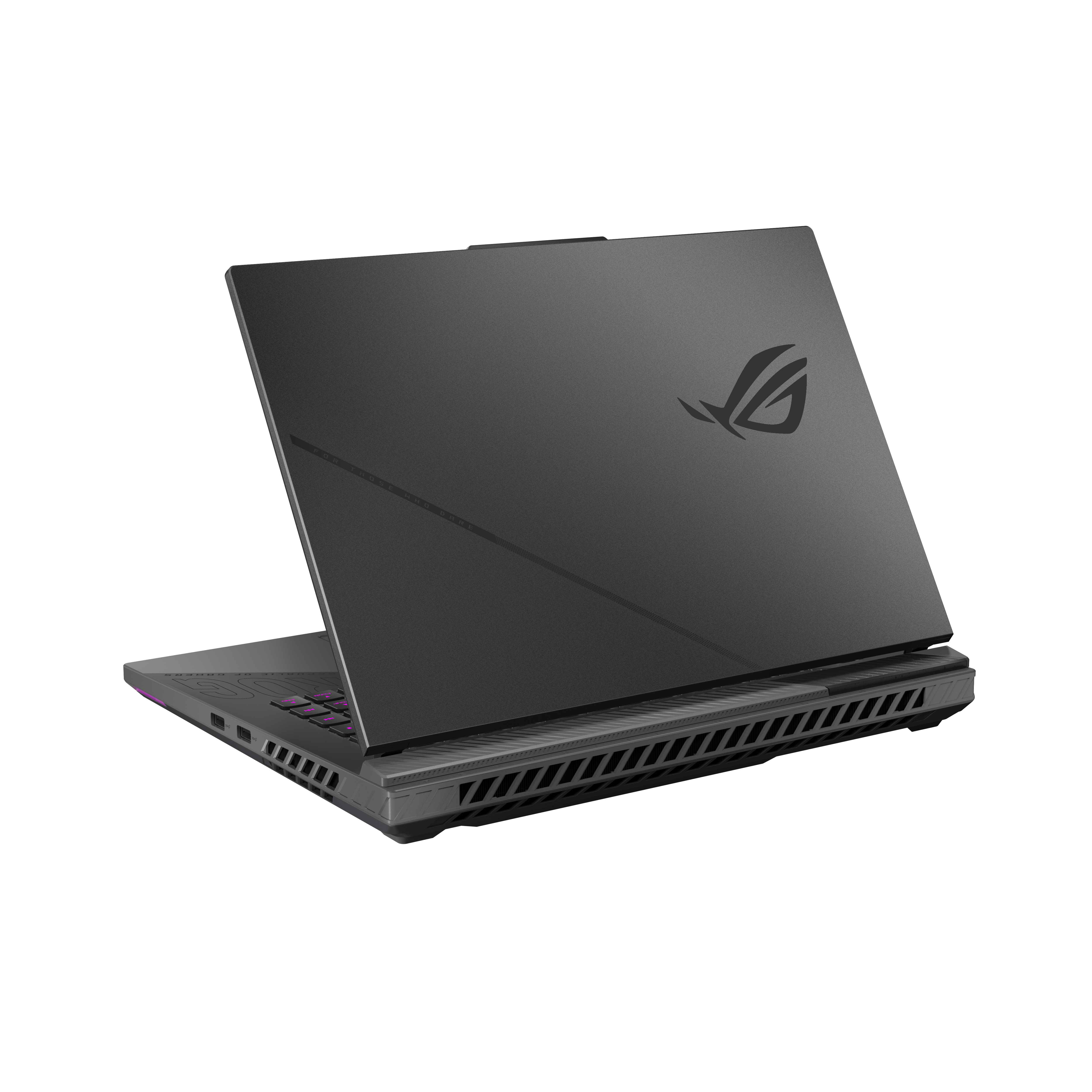 Ein grauer Gaming-Laptop mit beleuchteter Tastatur und ROG-Logo.