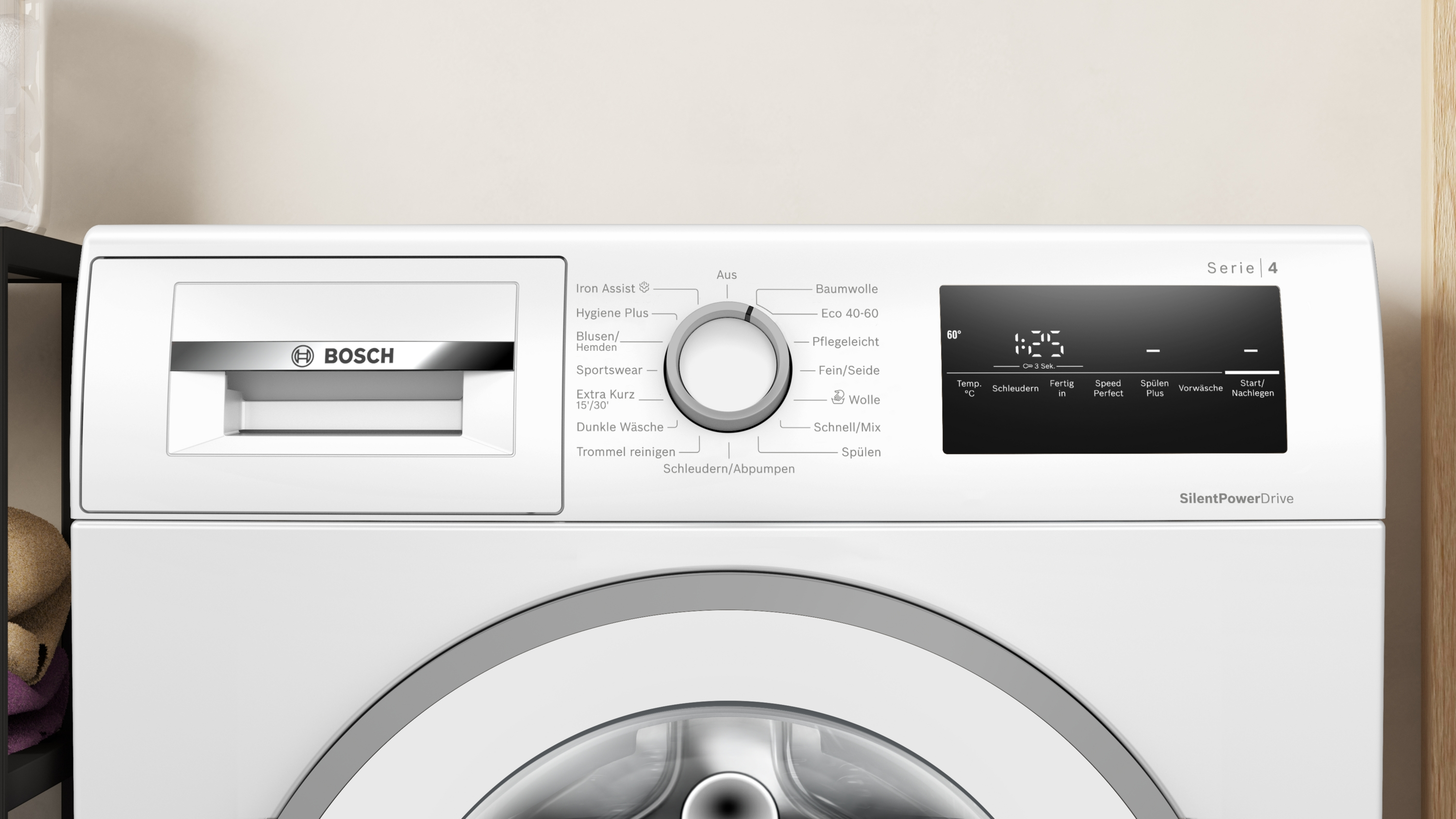 Bosch Waschmaschine Serie 4 mit digitalem Display und Programmwahlrad.