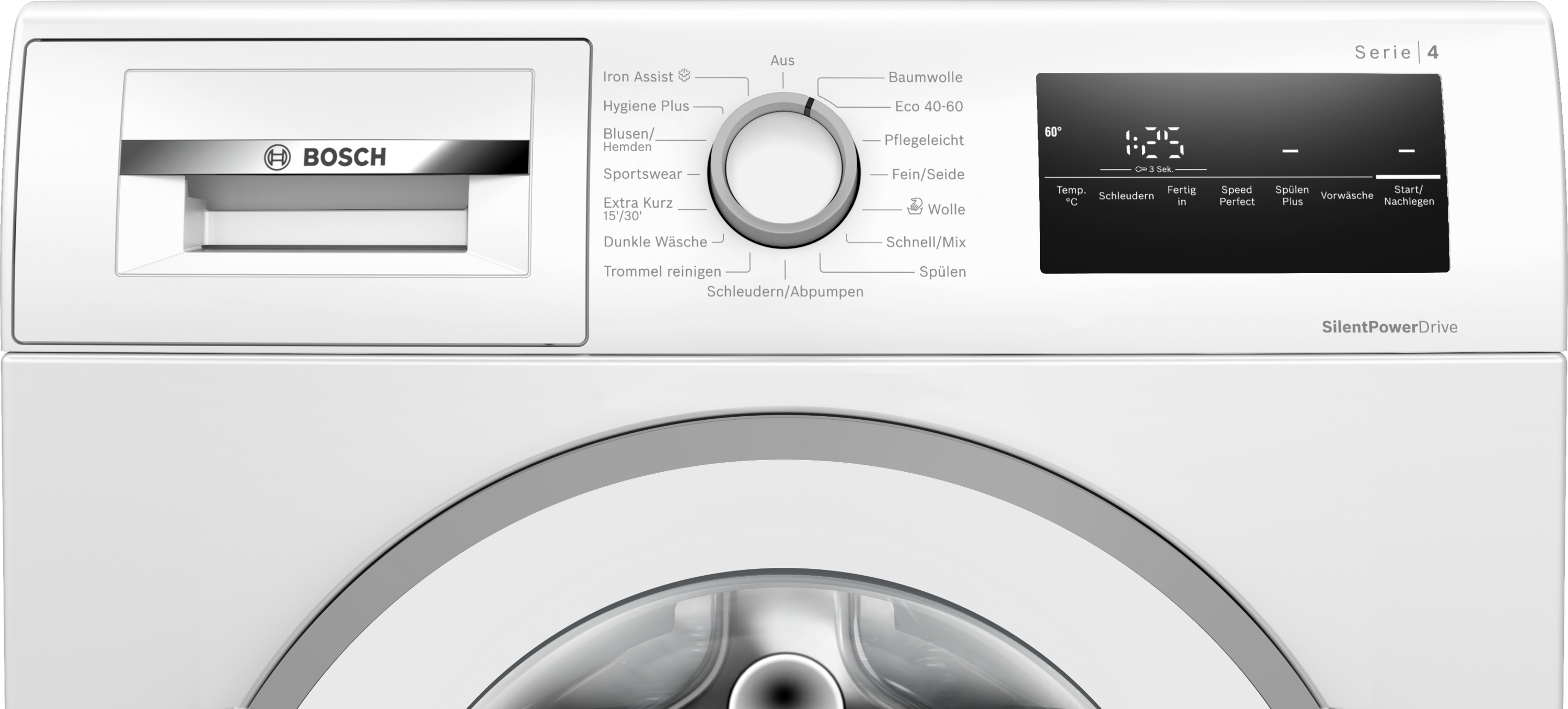Weiße Bosch Waschmaschine Serie 4 mit Display und Drehregler für Programme.