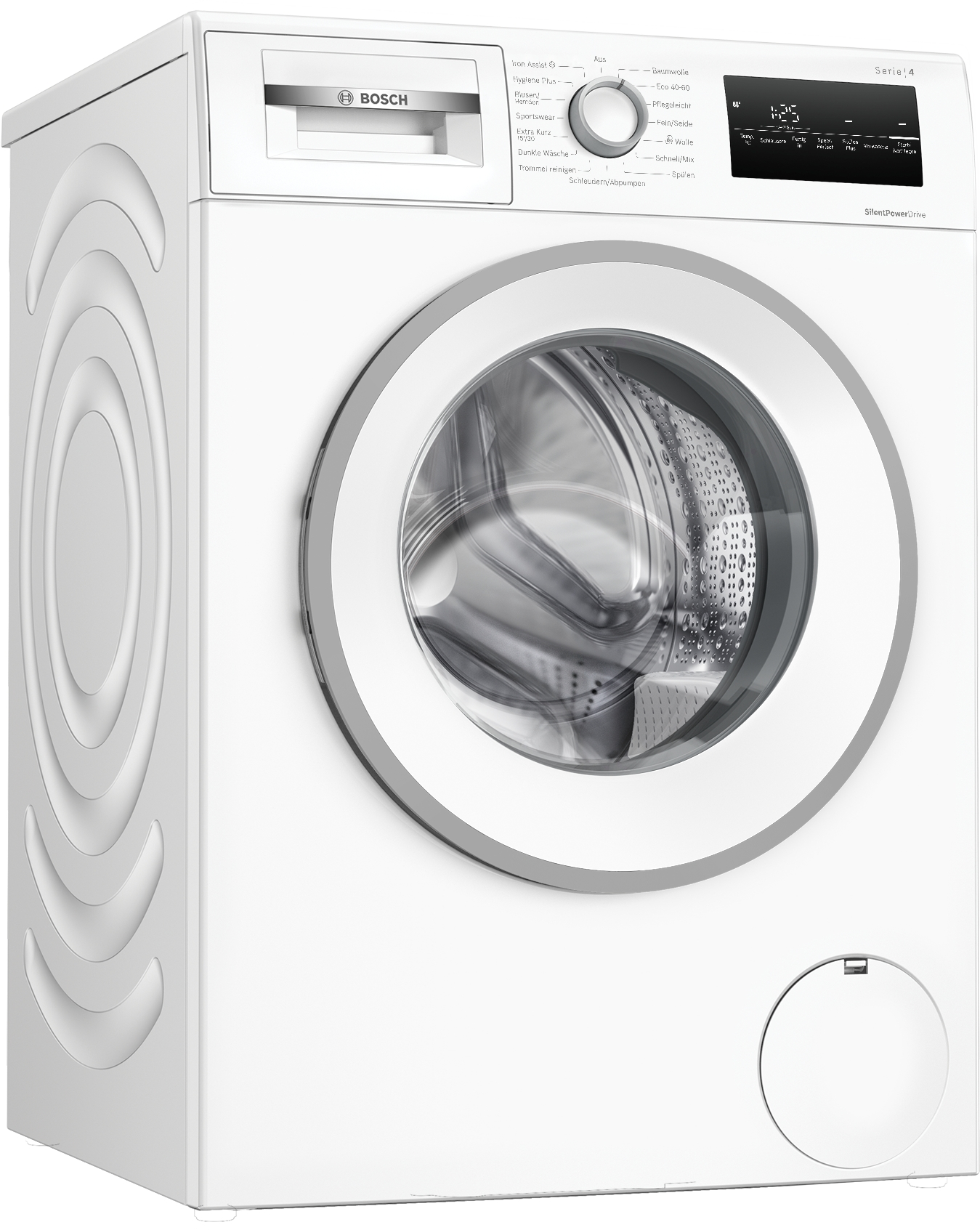 Weiße Bosch Waschmaschine Serie 4 mit runder Tür und digitalem Display.