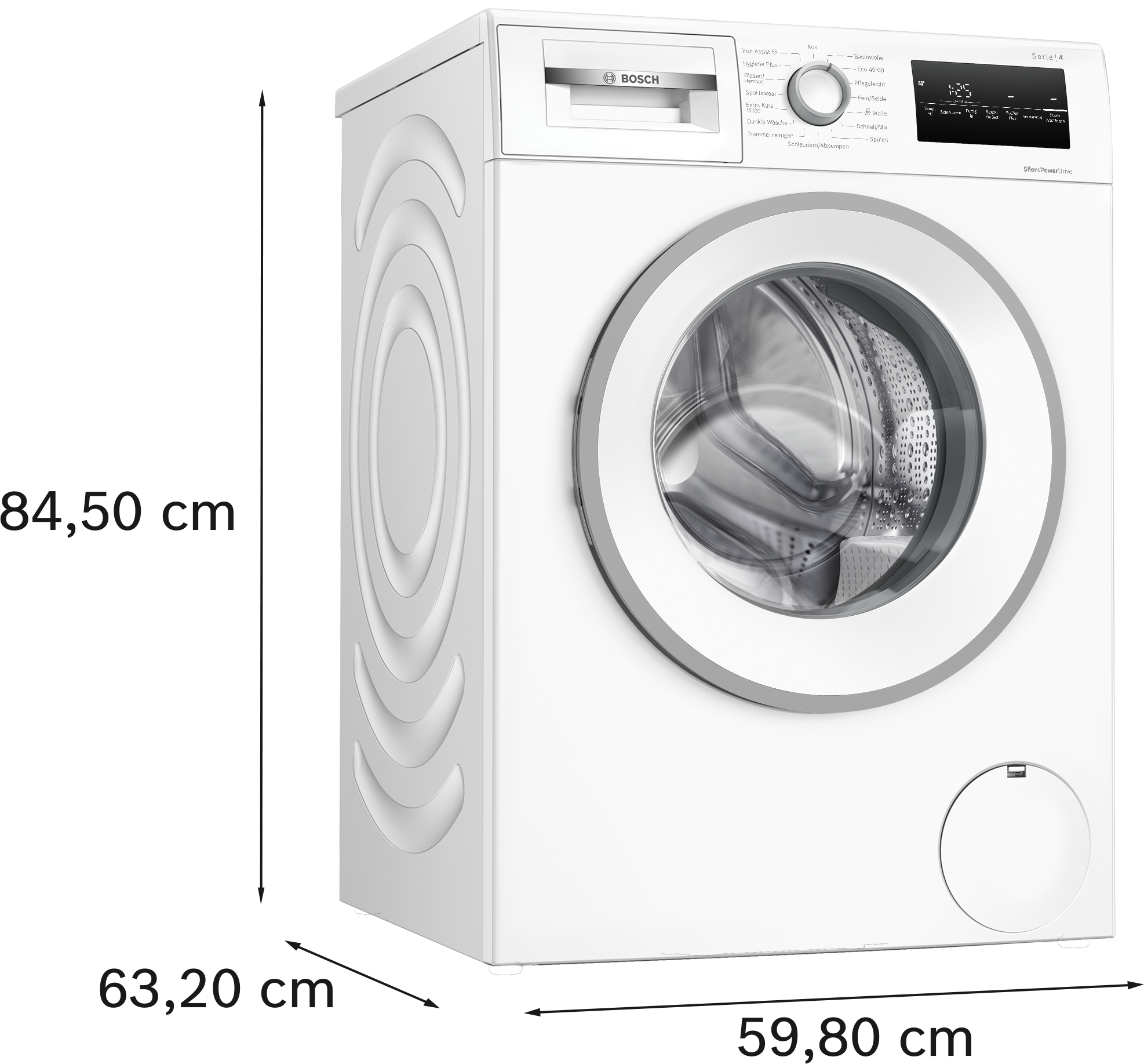 Weiße Bosch Waschmaschine Serie 4 mit Frontlader und digitalem Display. Maße: 84,5x63,2x59,8 cm.