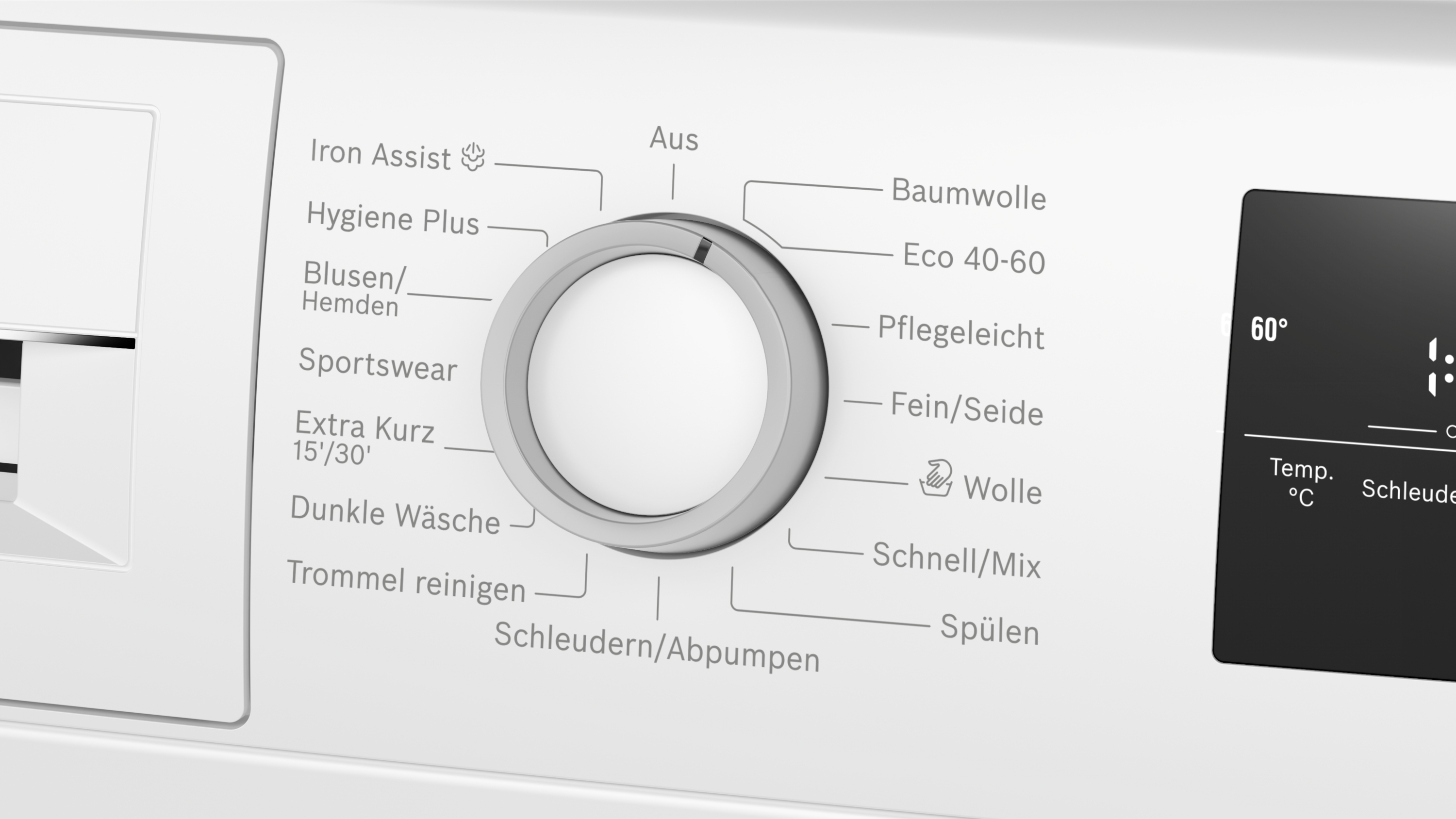 Bedienfeld einer Waschmaschine mit Drehknopf und Display. Programme wie Wolle, Baumwolle, Eco.