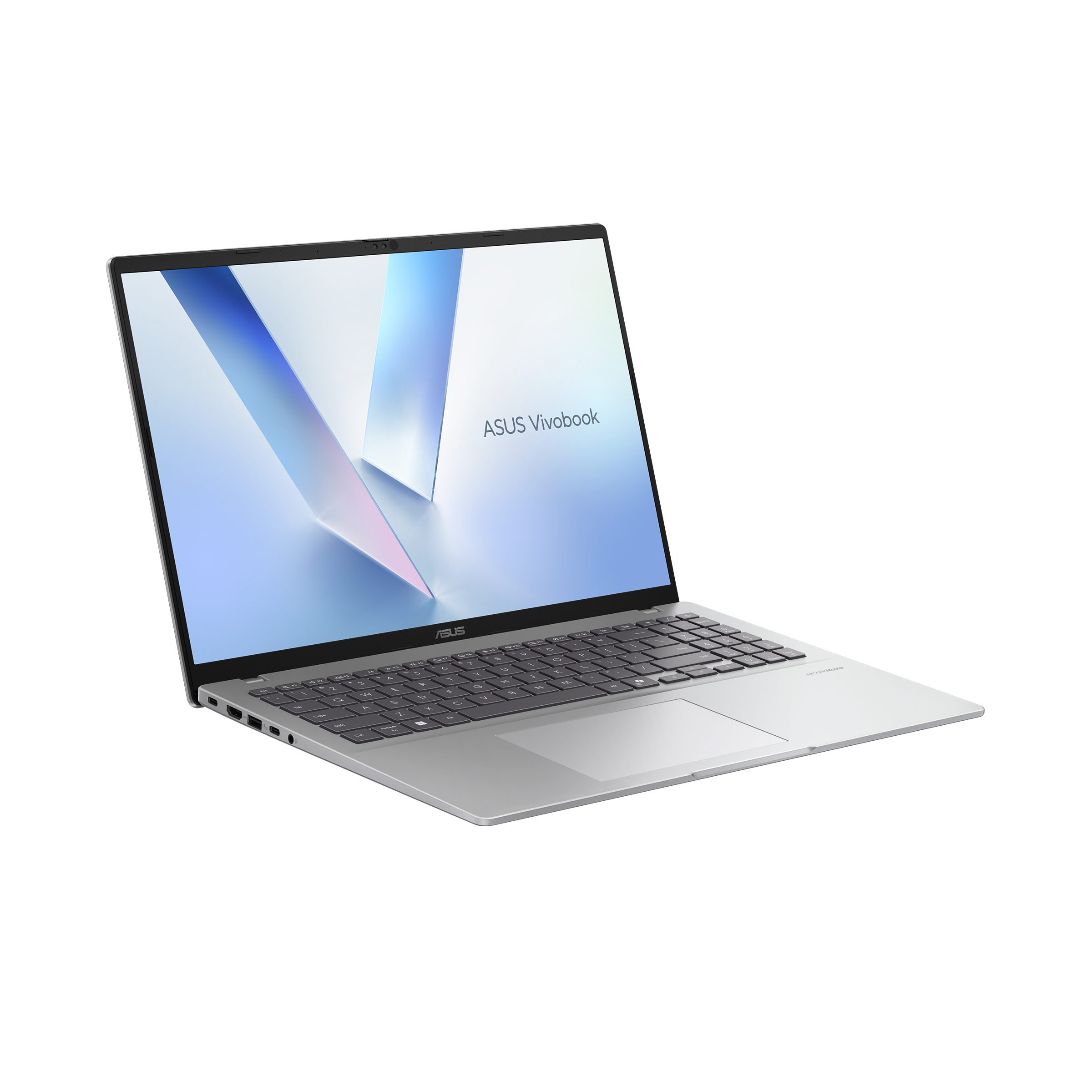 Ein silberner ASUS Vivobook Laptop ist geöffnet und steht auf einem schwarzen Hintergrund.