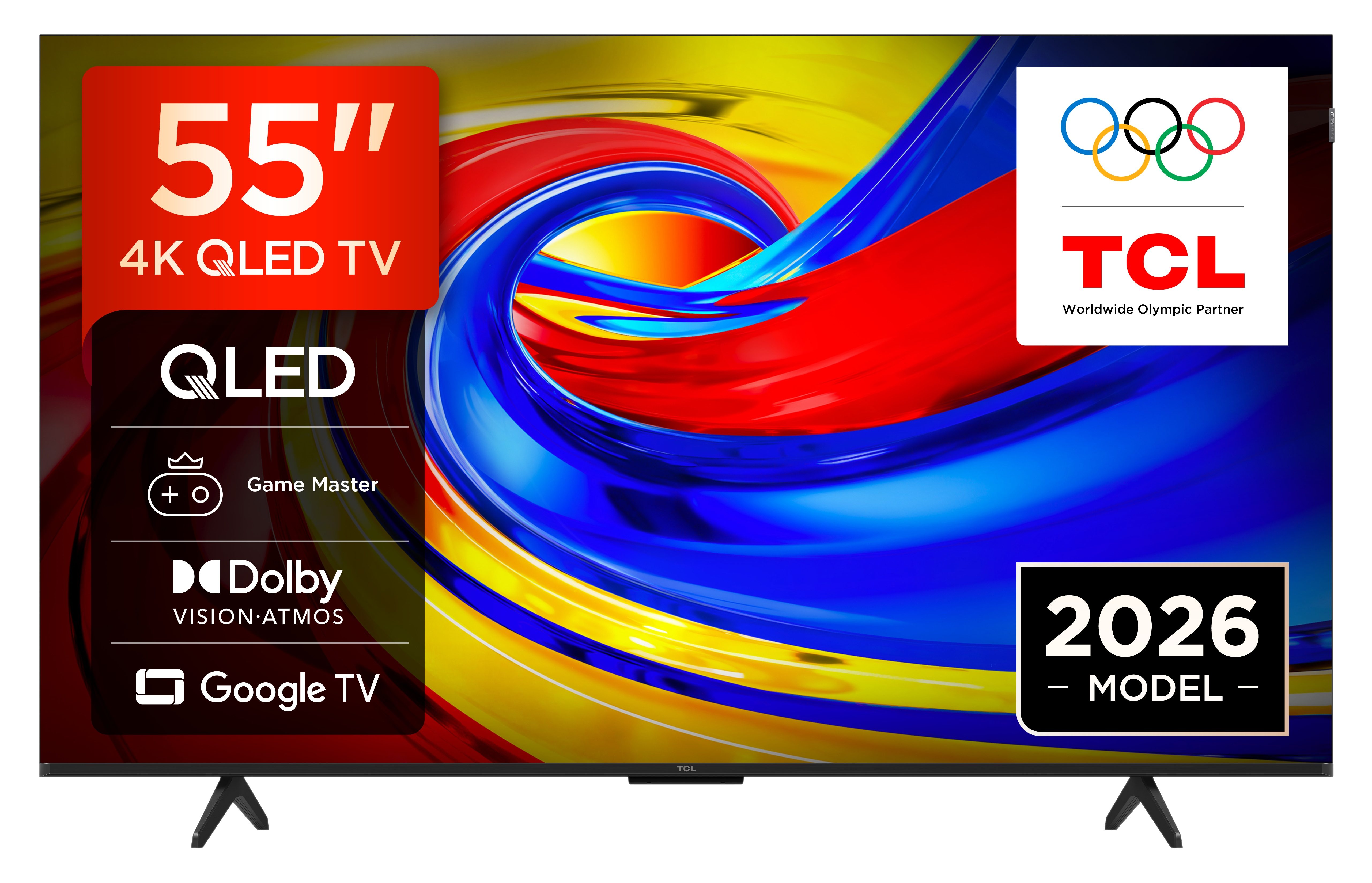 Telewizor TCL QLED 4K 55" z logo olimpijskim i napisem "Model 2026".