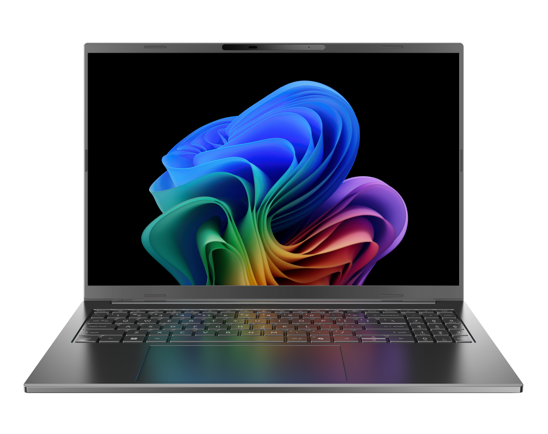 Otwarty laptop wyświetlający kolorową, abstrakcyjną tapetę na ekranie.