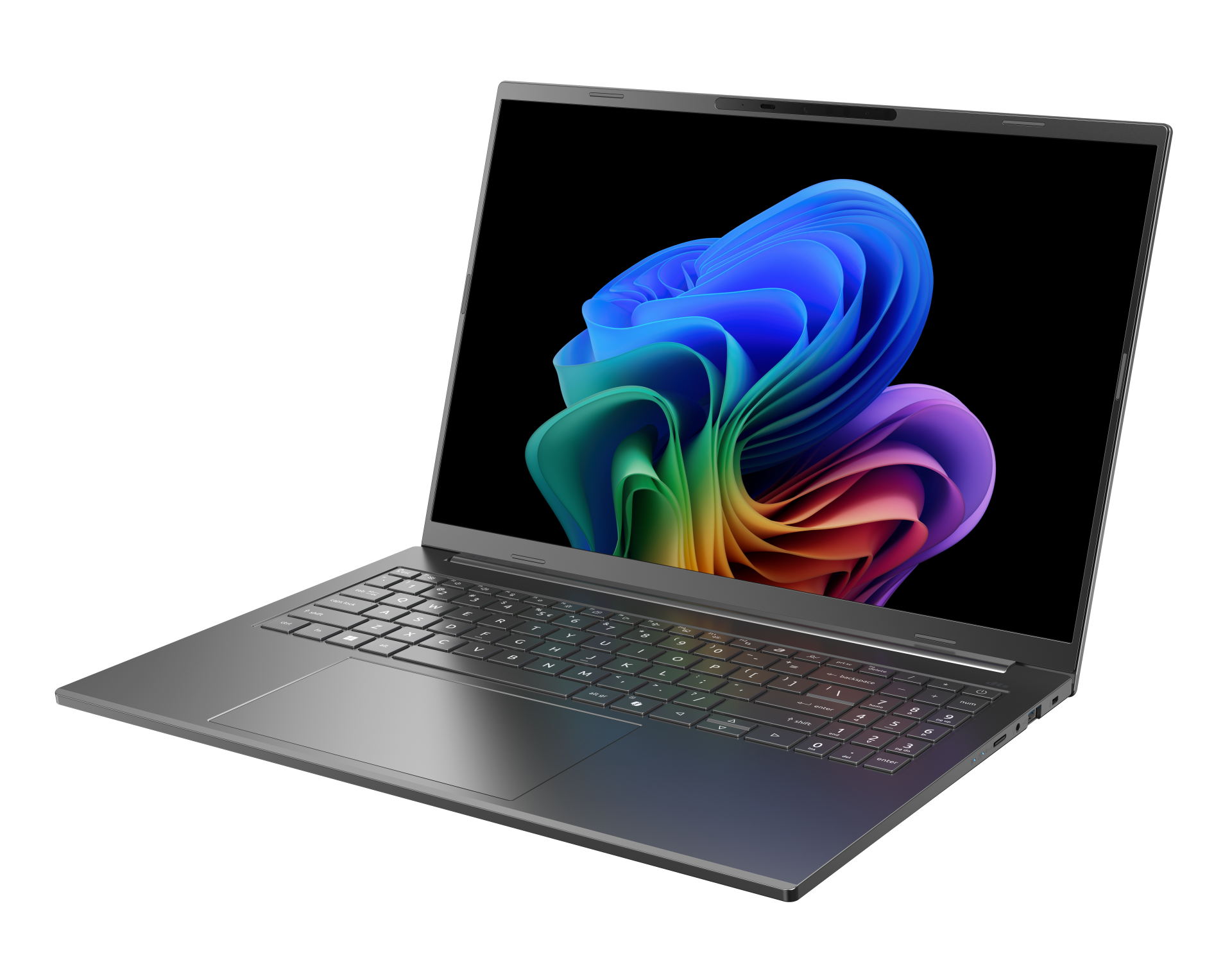 Otwarty laptop z kolorową falą na ekranie, czarne tło.