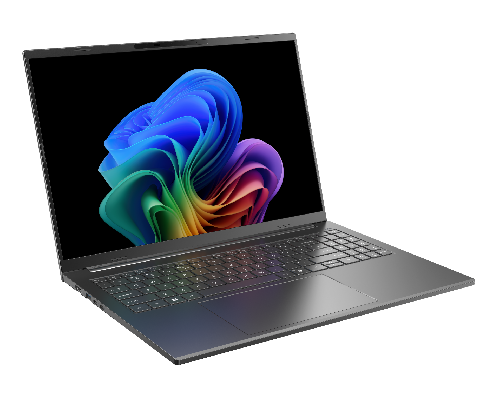 Otwarty laptop z kolorową, abstrakcyjną tapetą na ekranie.