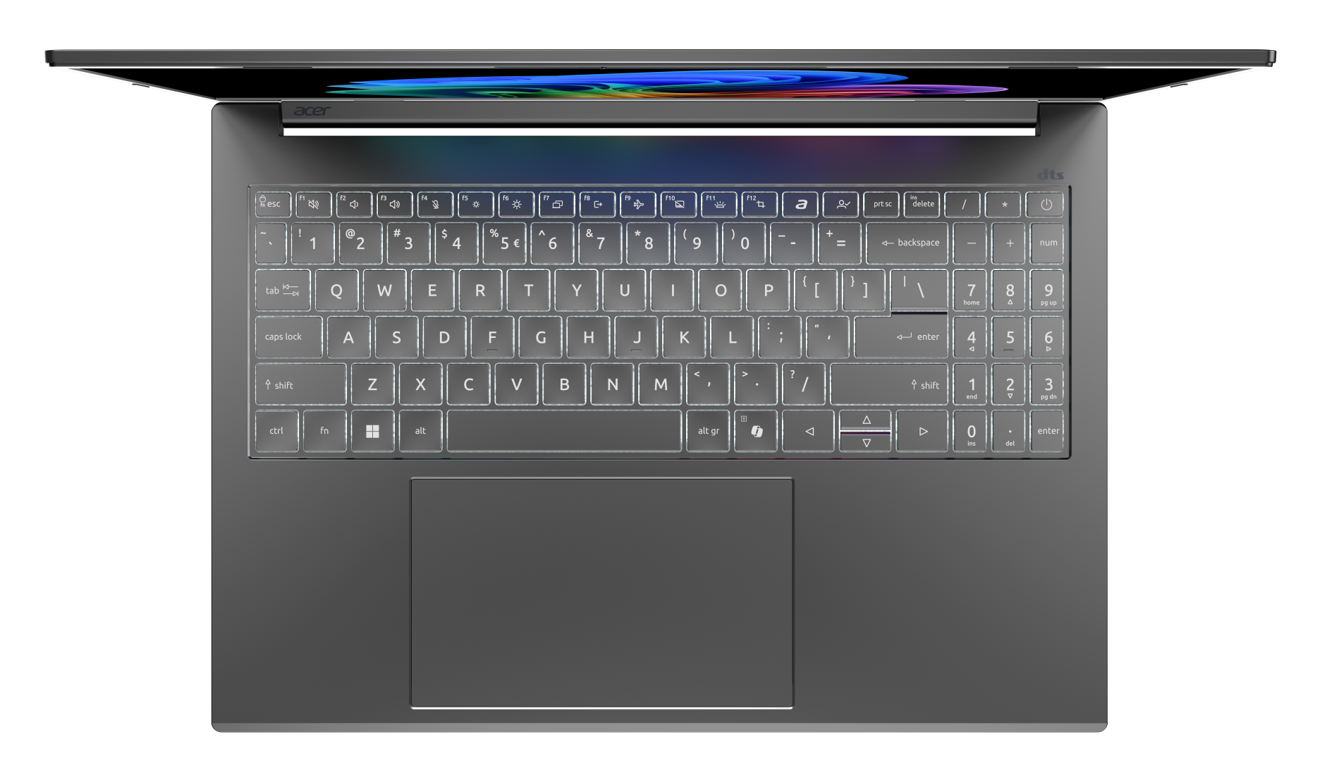 Widok z góry otwartego szarego laptopa Acer z kolorowym wyświetlaczem i podświetlaną klawiaturą.