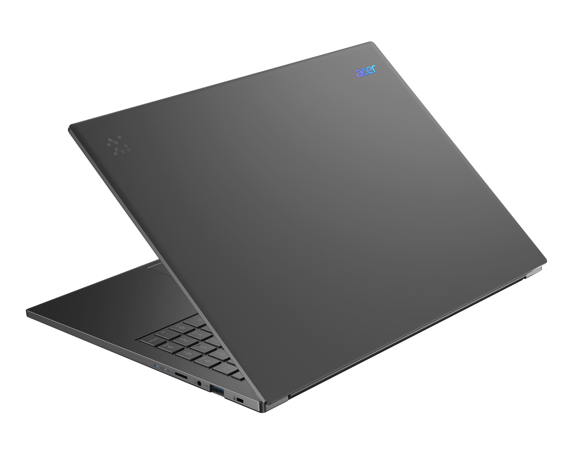 Szary laptop Acer, częściowo otwarty, pokazujący klawiaturę i porty.