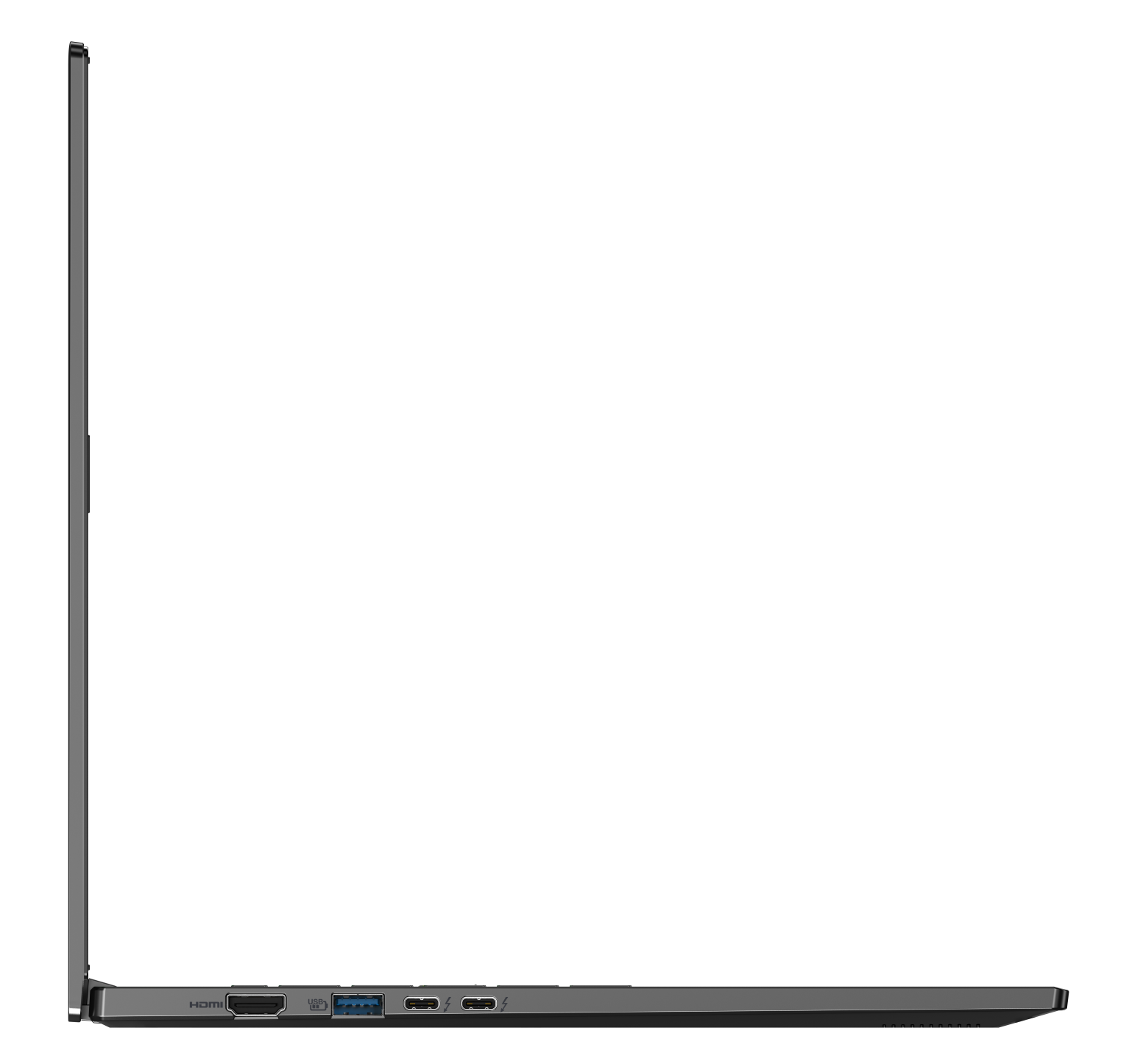 Widok z boku szarego laptopa z portami HDMI, USB-A i dwoma USB-C.