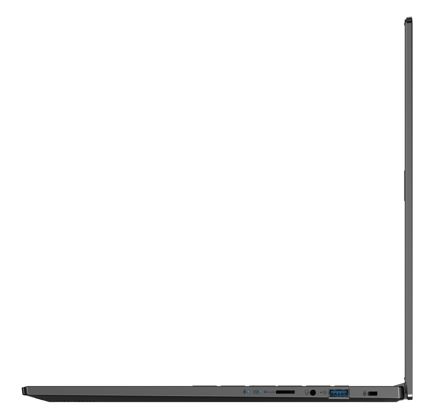 Widok z boku szarego laptopa z portami: USB-C, MicroSD, słuchawki, USB-A, zasilanie.