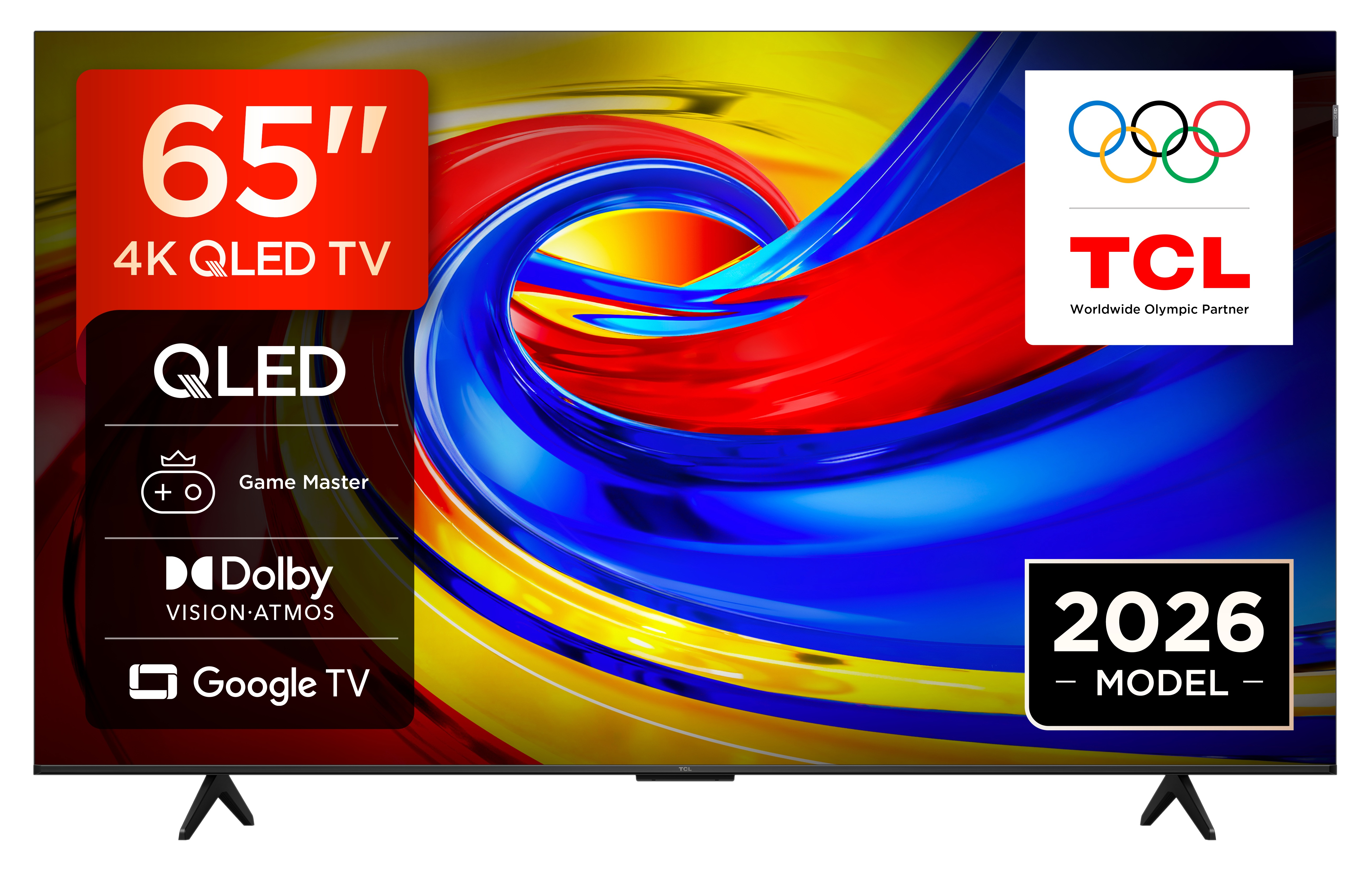 Telewizor QLED 4K 65 cali z Dolby Vision, Google TV i logo TCL.