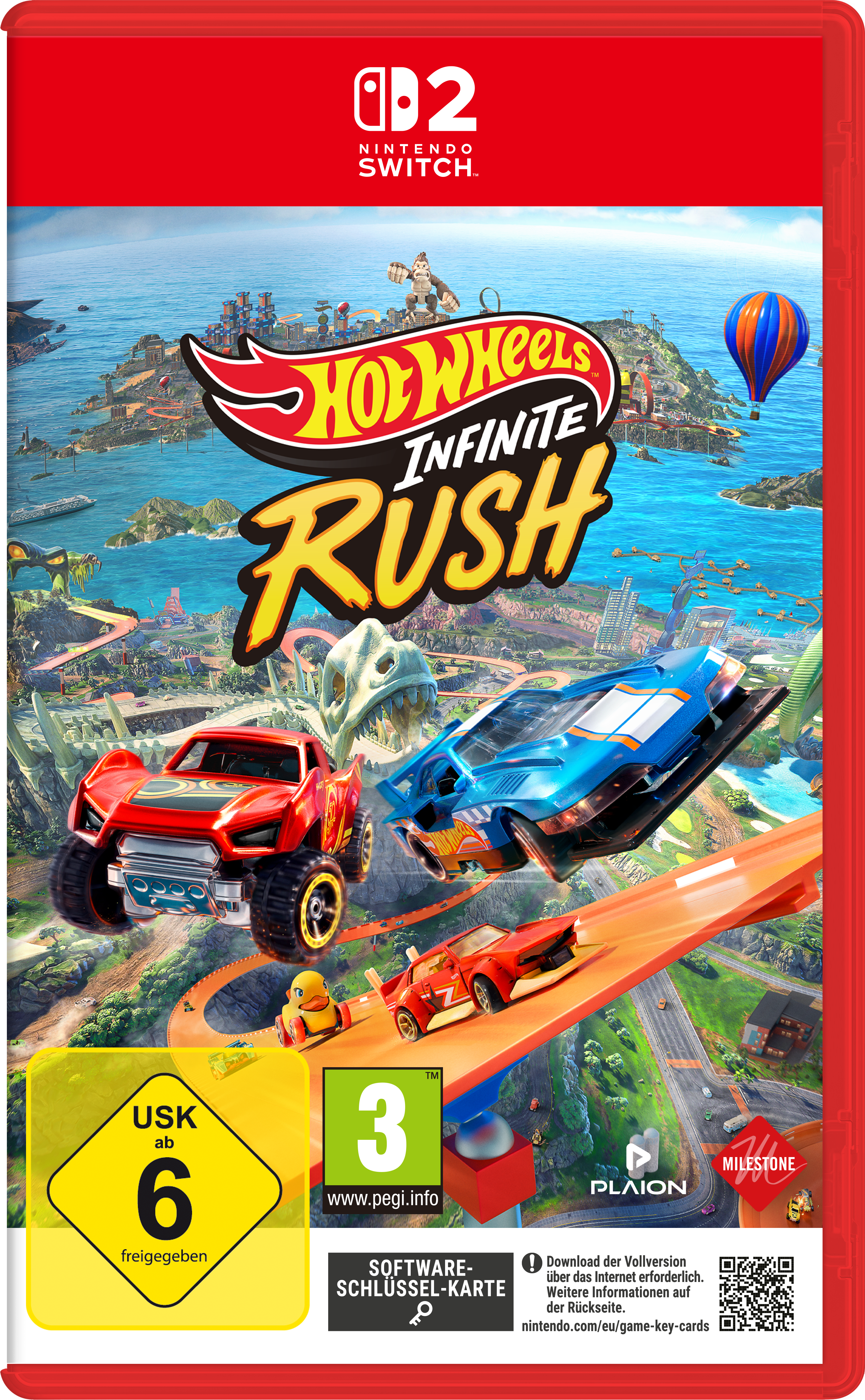 Hot Wheels Infinite Rush Nintendo Switch Hülle mit Rennwagen, Dinosaurier und Heißluftballon.