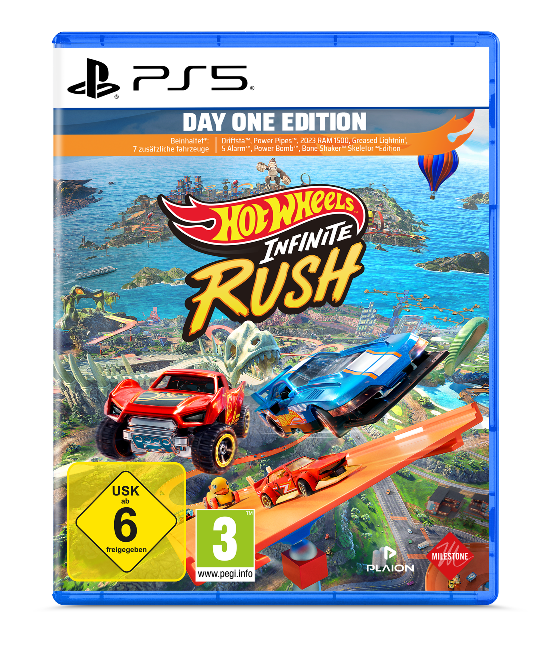 Hot Wheels Infinite Rush PS5 Spielcover mit roten & blauen Autos, Dinosaurierschädel & Inseln.