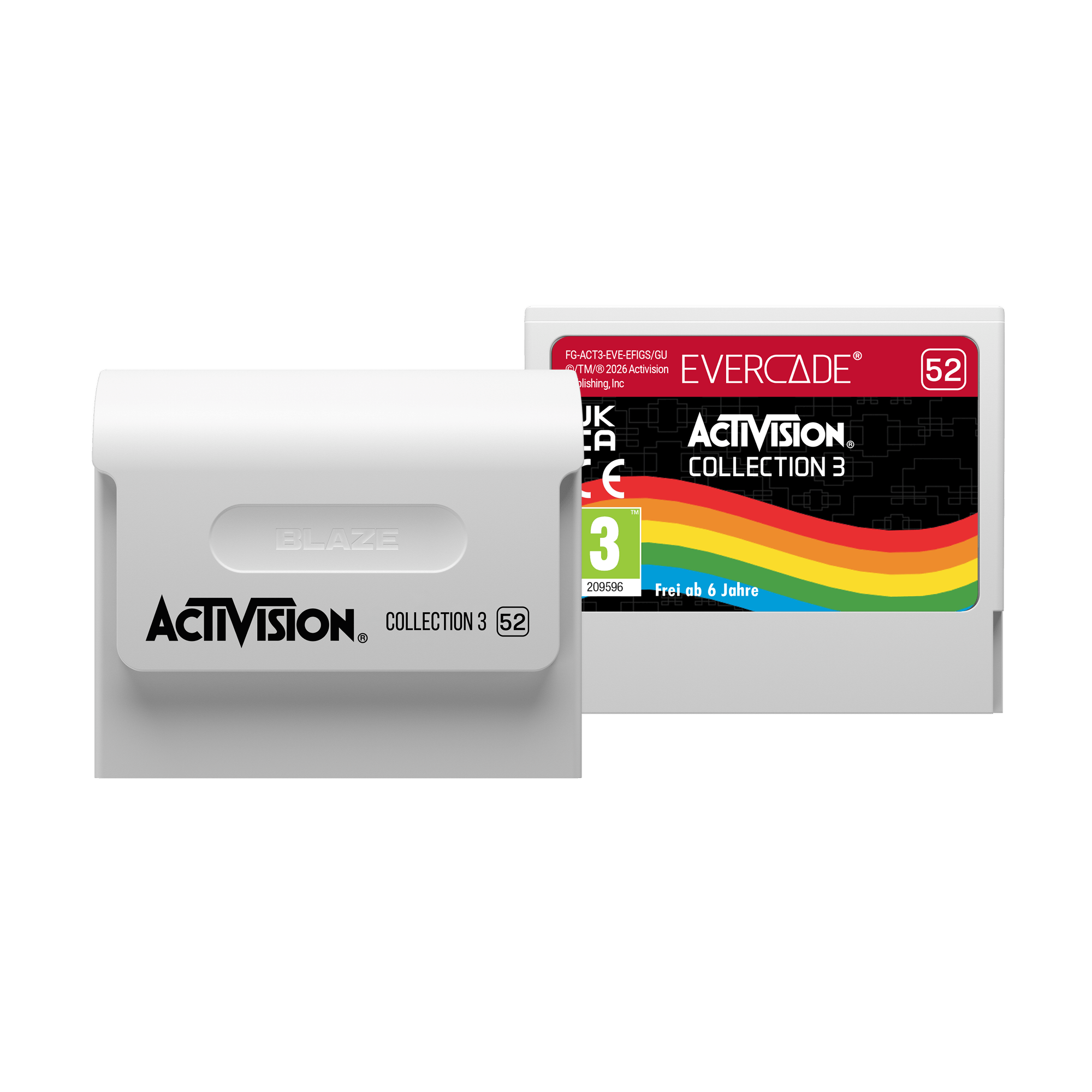 Zwei weiße Spielmodule mit Activision Collection 3 Logo und Regenbogen-Design.