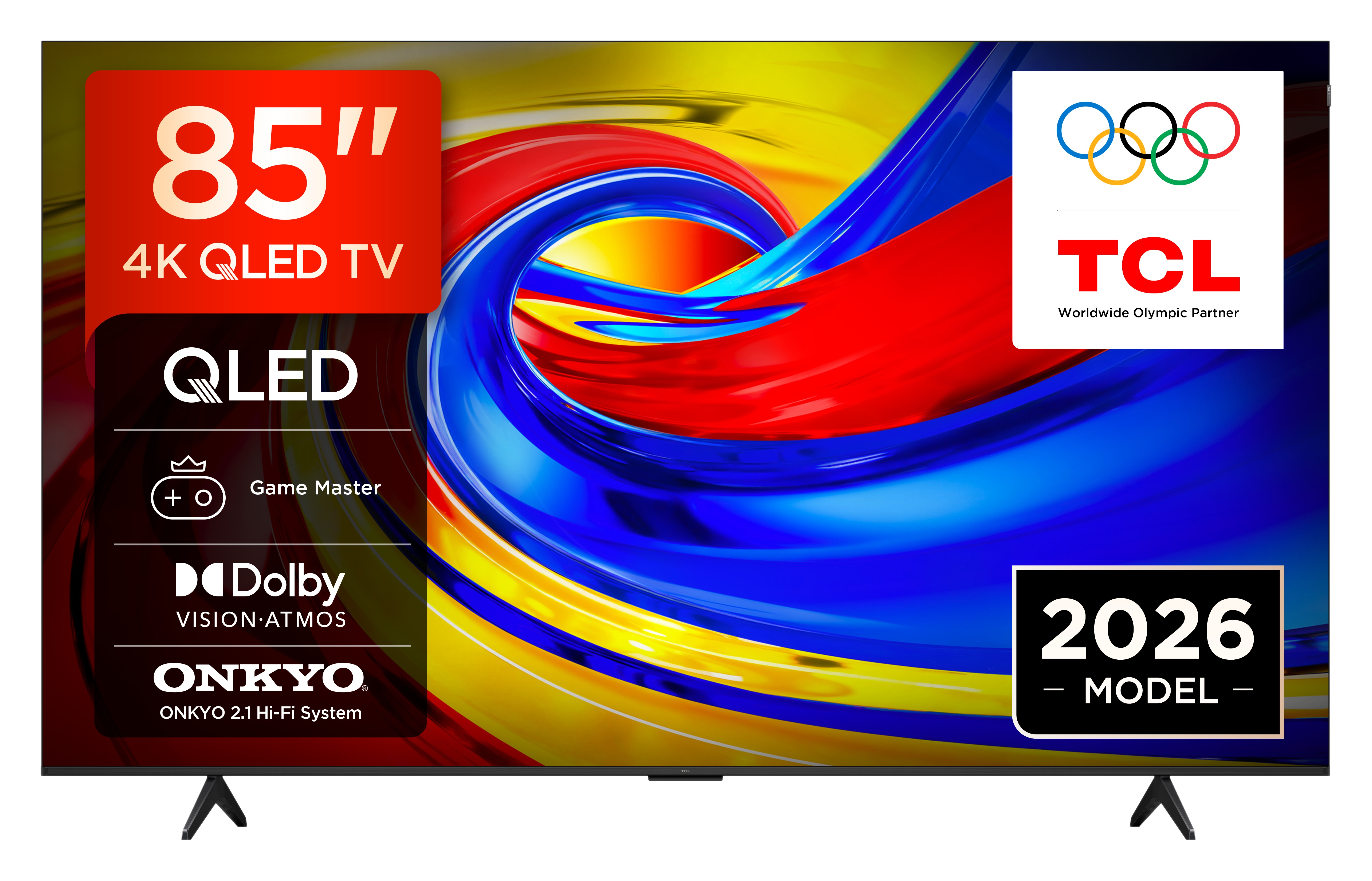 Telewizor QLED 4K 85" firmy TCL, partnera olimpijskiego, z Dolby Vision Atmos.