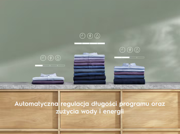 Trzy stosy koszul w odcieniach niebieskiego, z ikonami czasu, energii i wody.