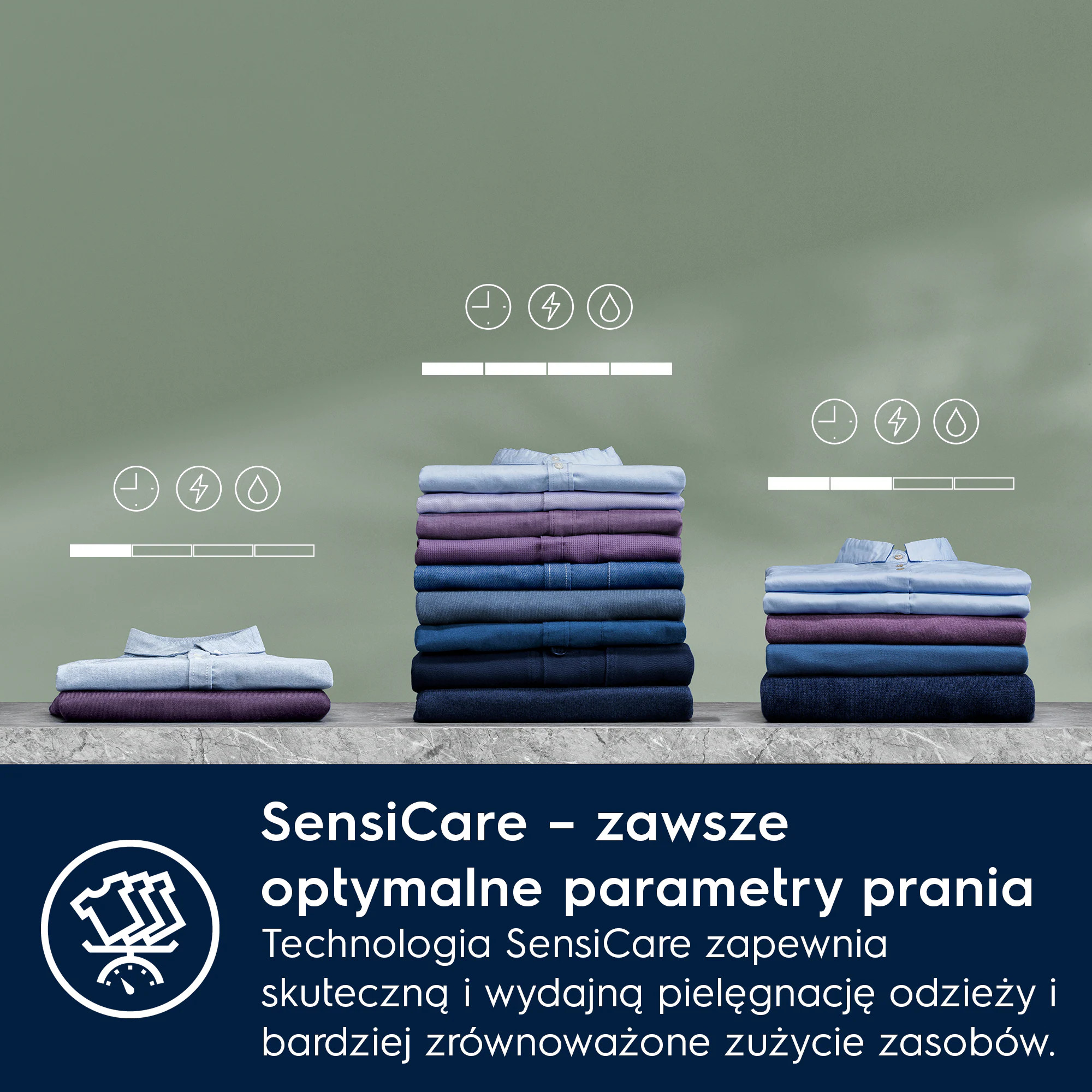 Stosy koszul w różnych odcieniach niebieskiego, z ikonami czasu, energii i wody.