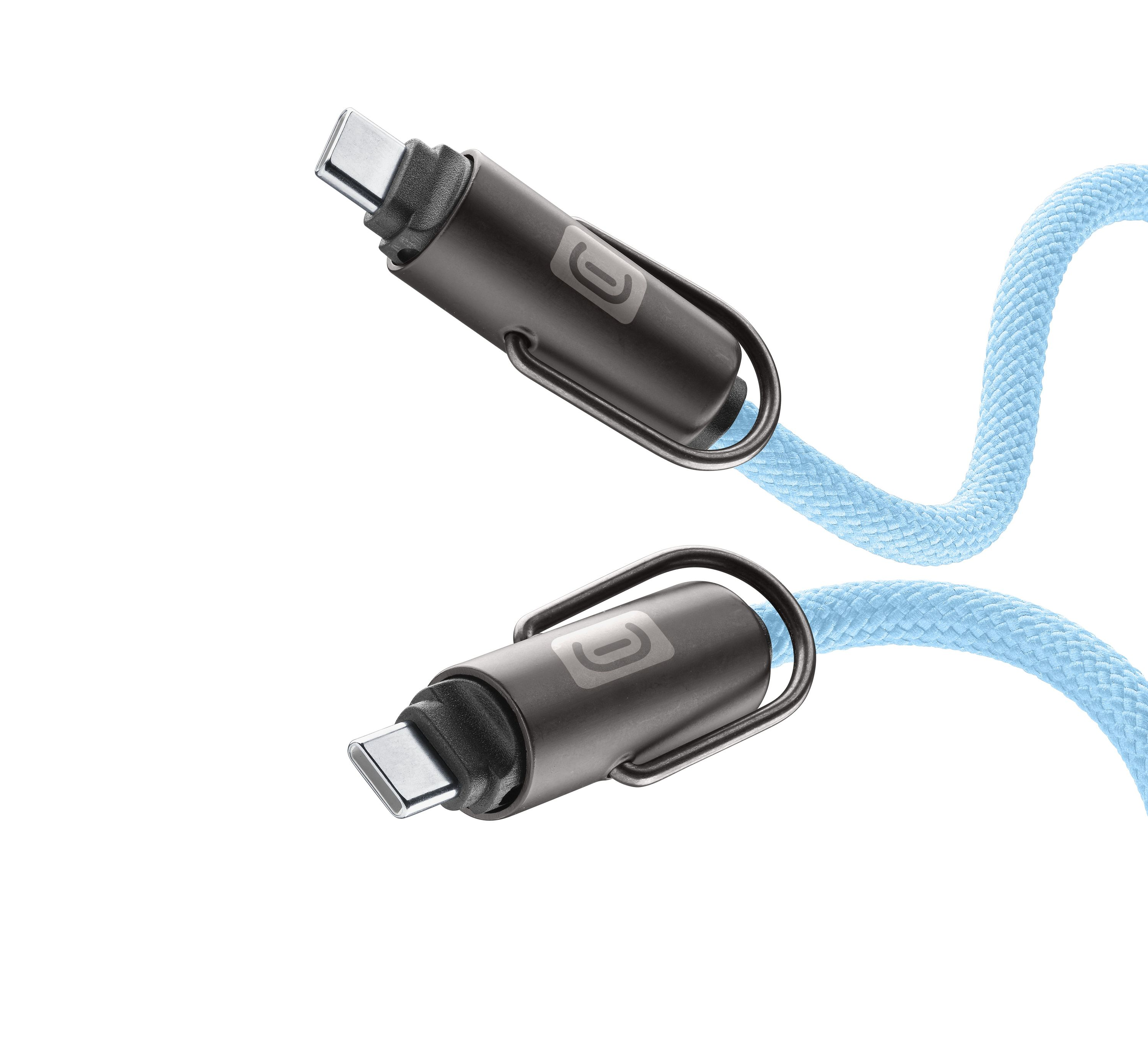 Açık mavi örgülü kablolu iki USB-C konektörü.