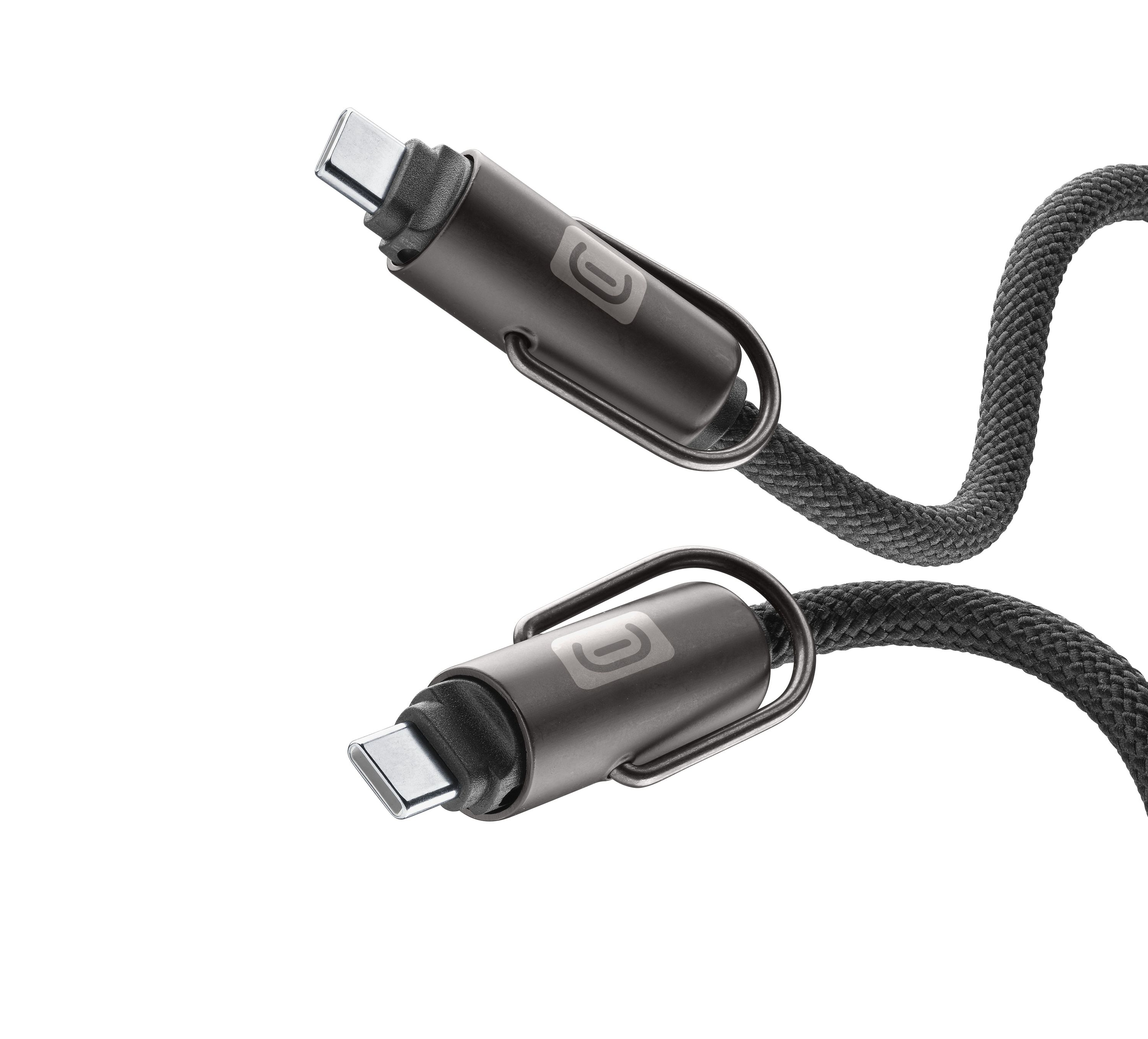 Beyaz arka plan üzerinde siyah örgülü kablolu iki USB-C konektörü.