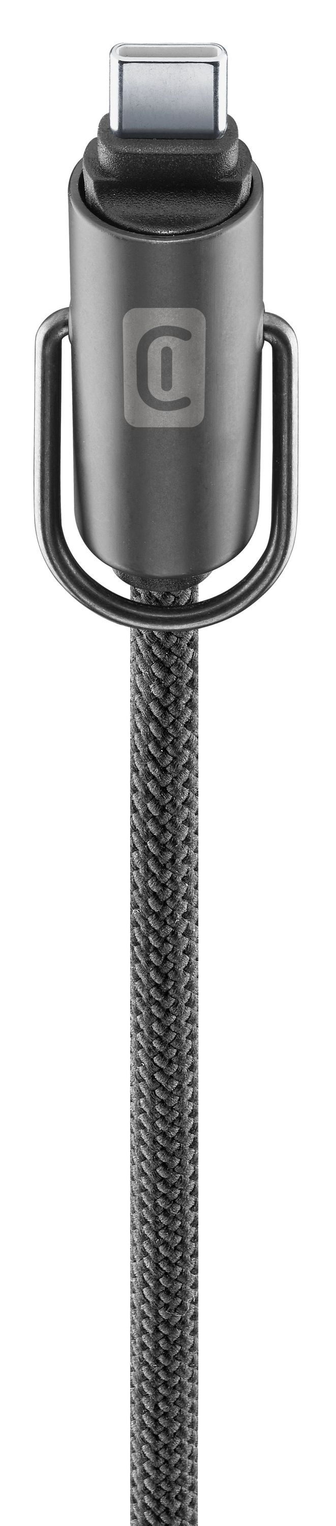 Metal konnektörlü ve örgülü kablolu gri USB-C kablosu.
