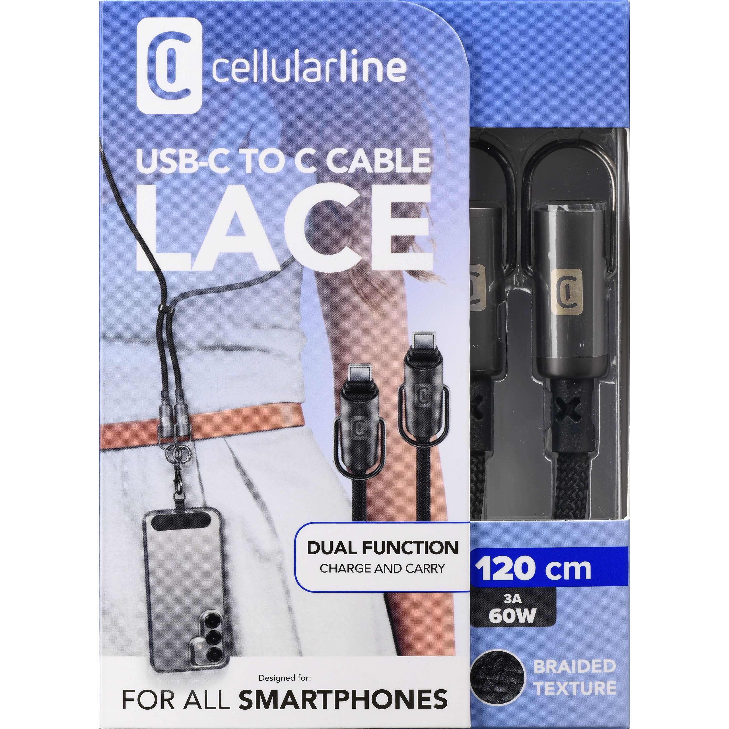 Cellularline USB-C - C LACE kablo, 120cm, 60W, örgülü, telefon askılı.