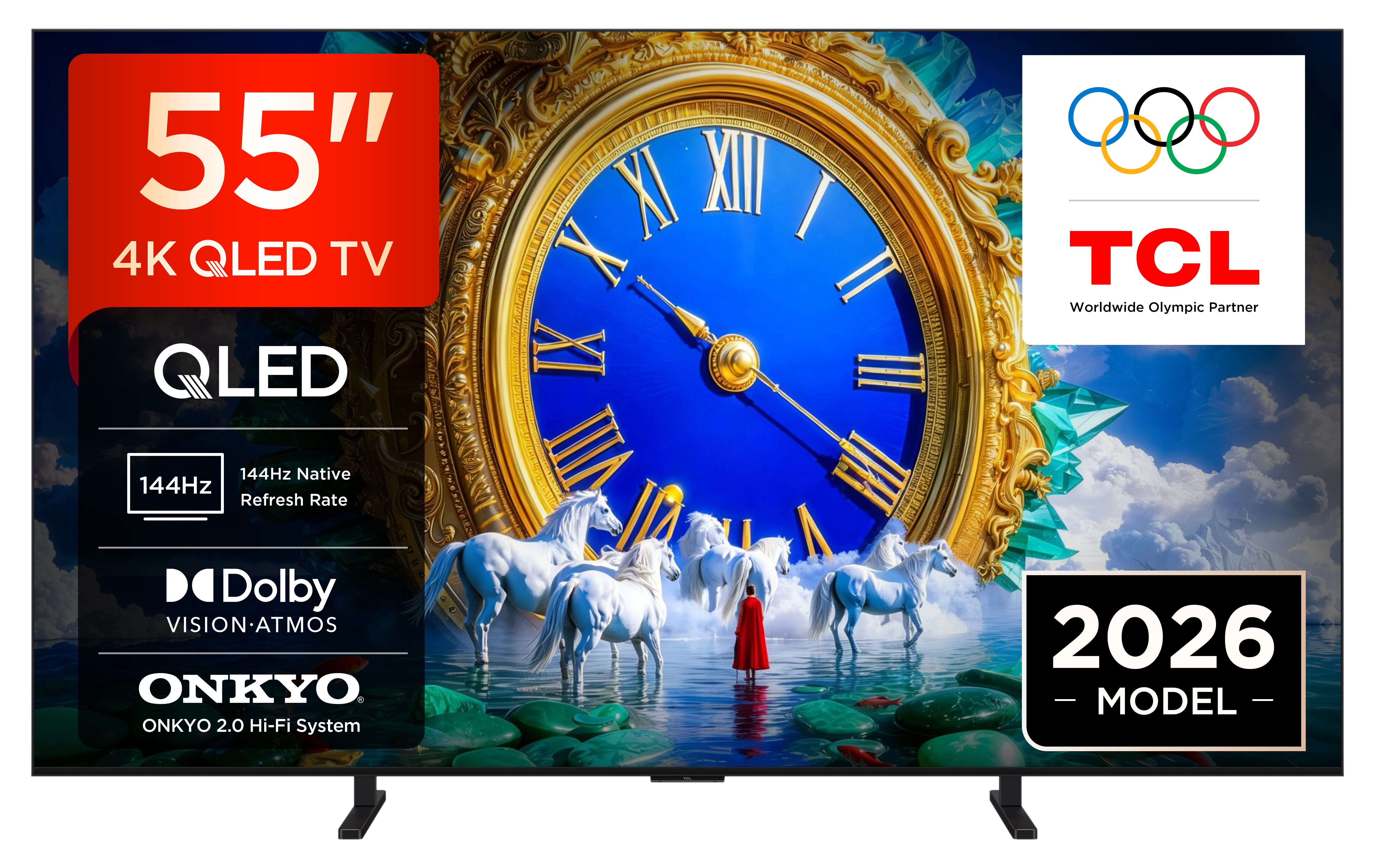 Telewizor QLED 4K 55 cali z 144Hz, Dolby Vision, Onkyo i logo partnera olimpijskiego.