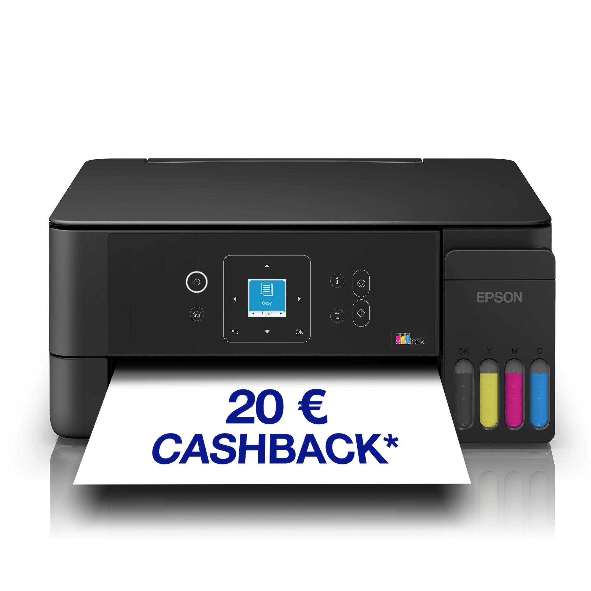 Ein schwarzer Epson Drucker mit sichtbaren Tintenbehältern und einem Papierausdruck.