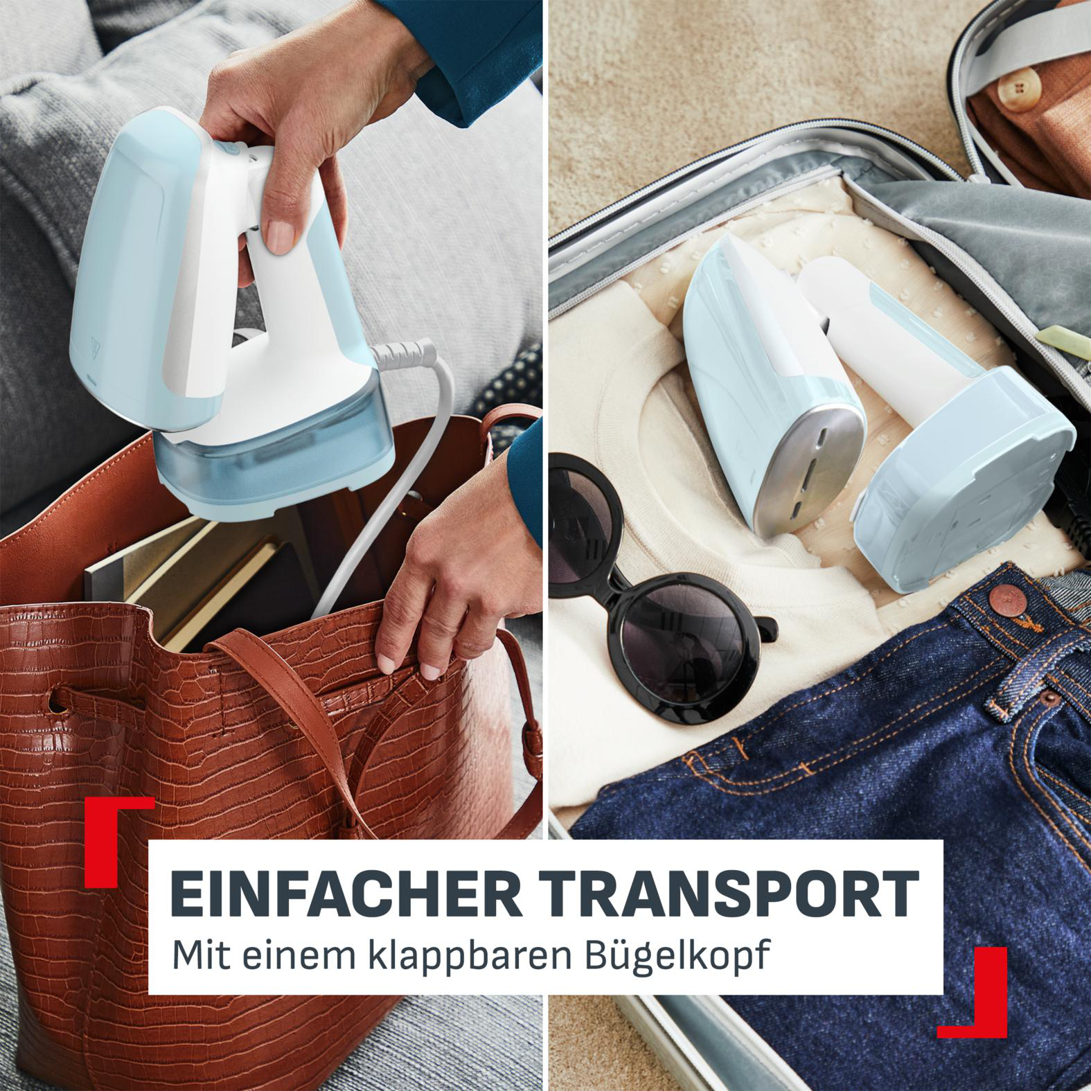 Ein Handdampfer wird in eine Tasche gelegt und in einem Koffer verstaut.