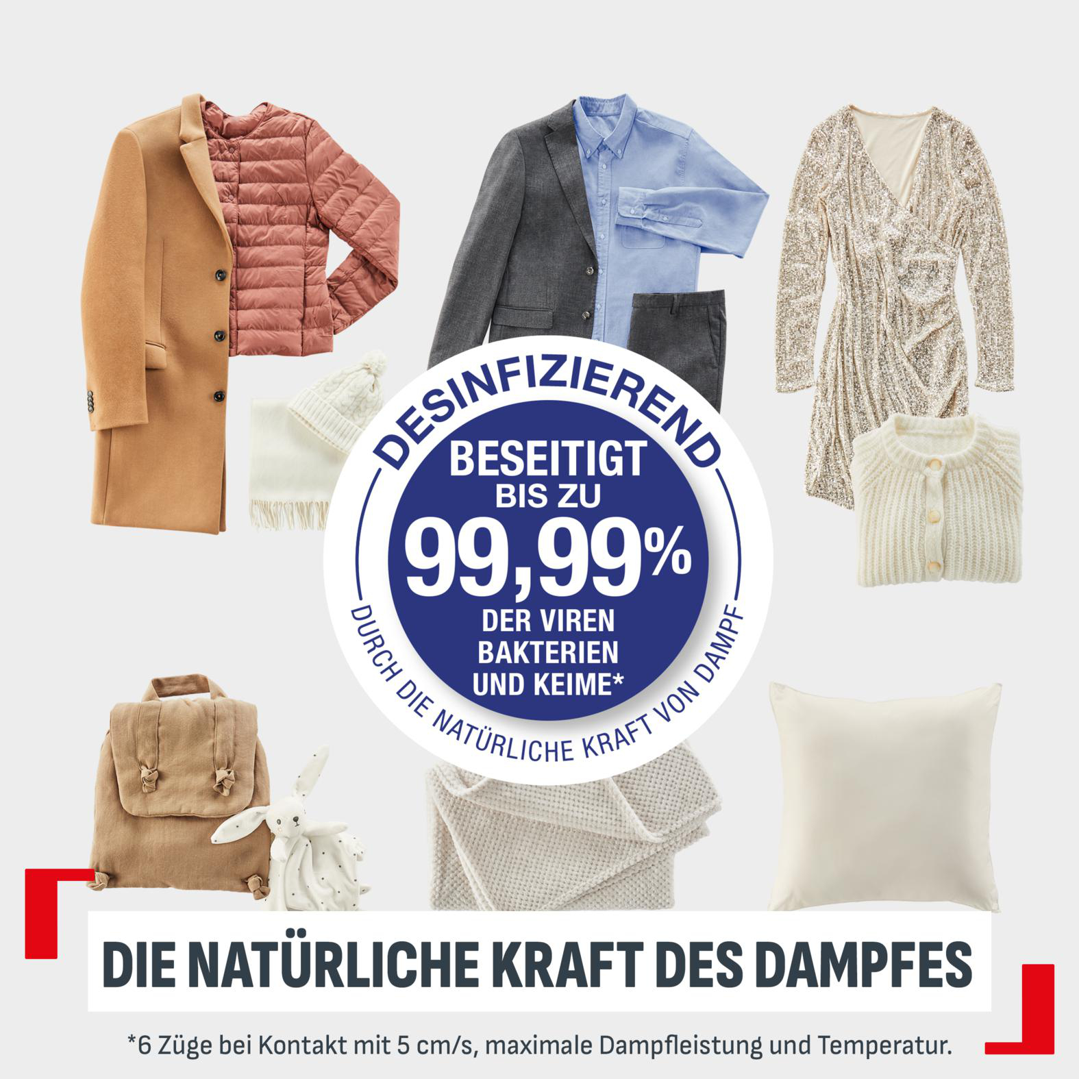 Kleidung und Kissen mit einem Desinfektionssiegel, das 99,99% Viren, Bakterien und Keime beseitigt.