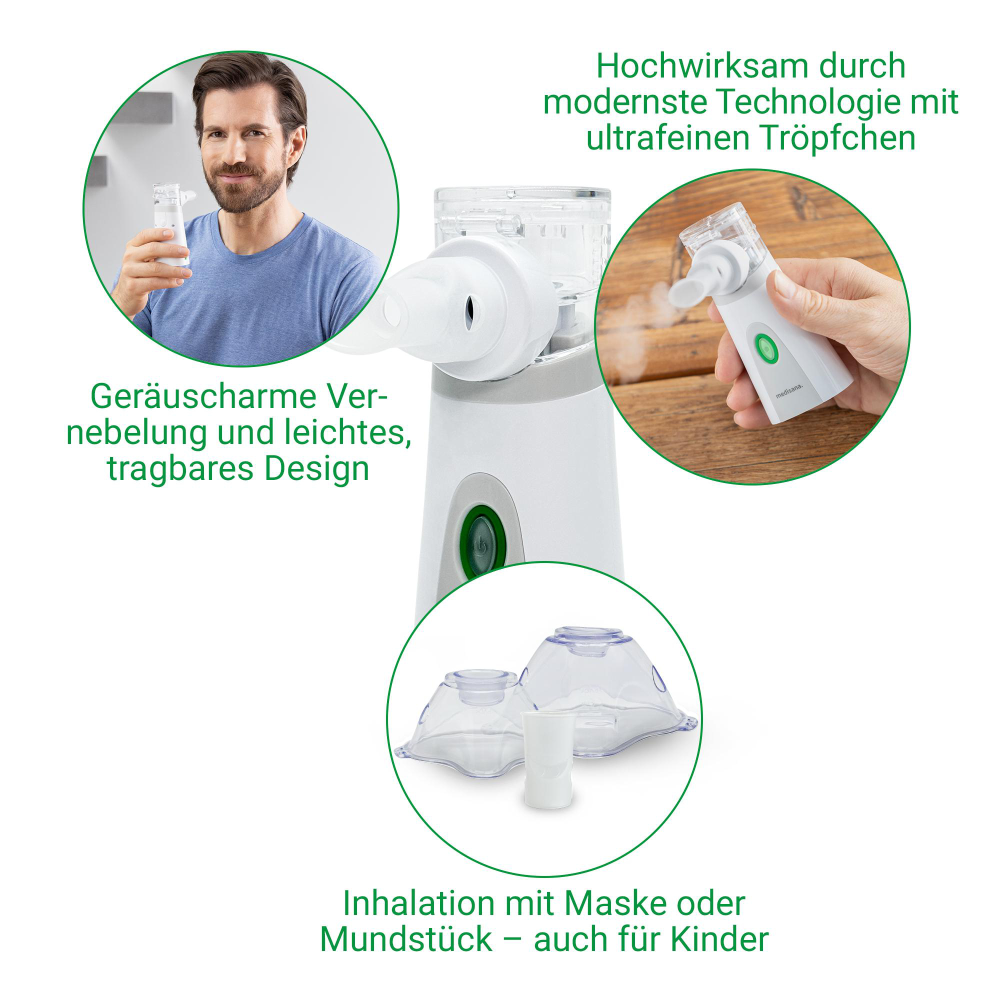 Ein Mann hält ein weißes Inhalationsgerät. Es gibt Nahaufnahmen und Zubehör.
