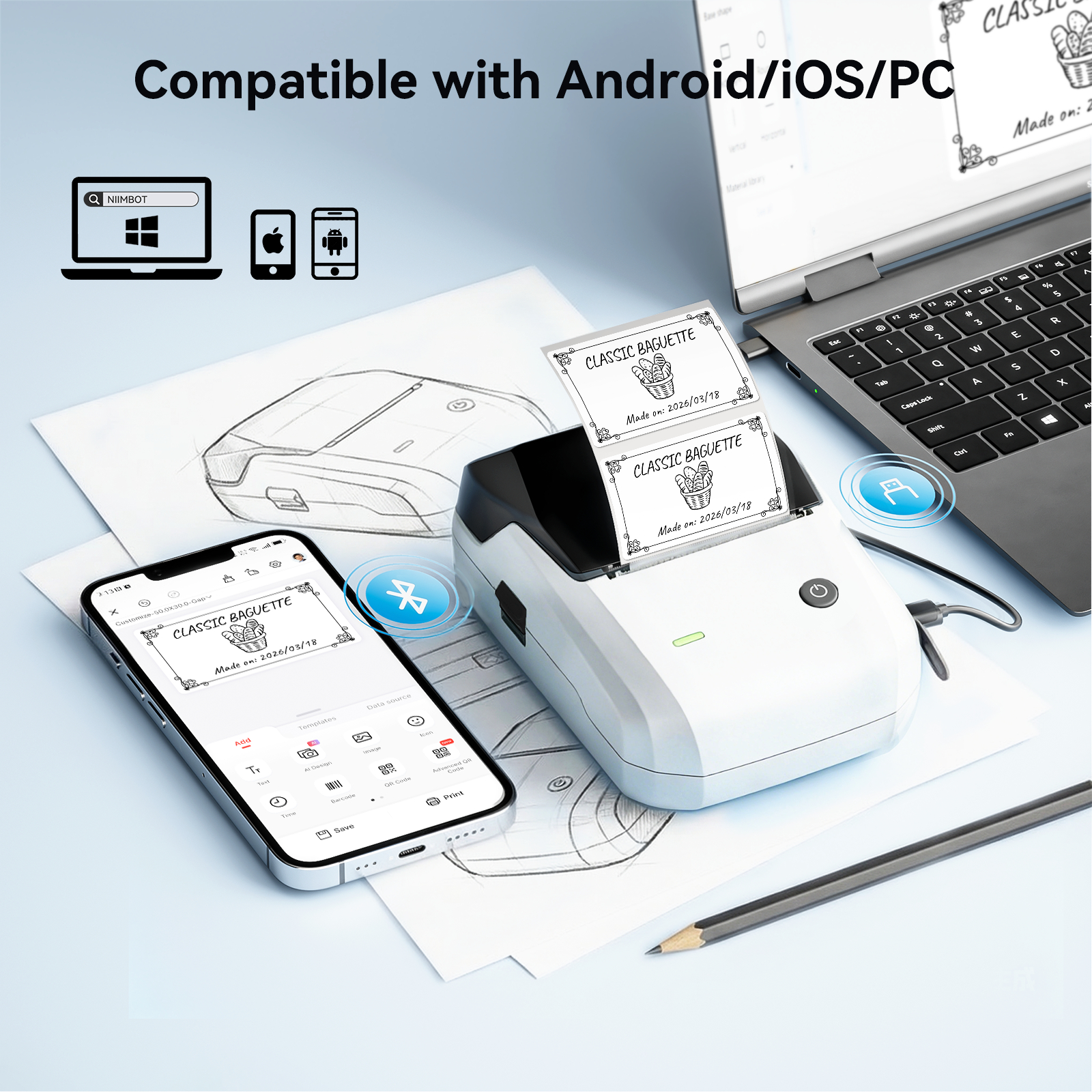 Drucker mit Smartphone, Laptop, Tablet und Etiketten, die Brote zeigen.