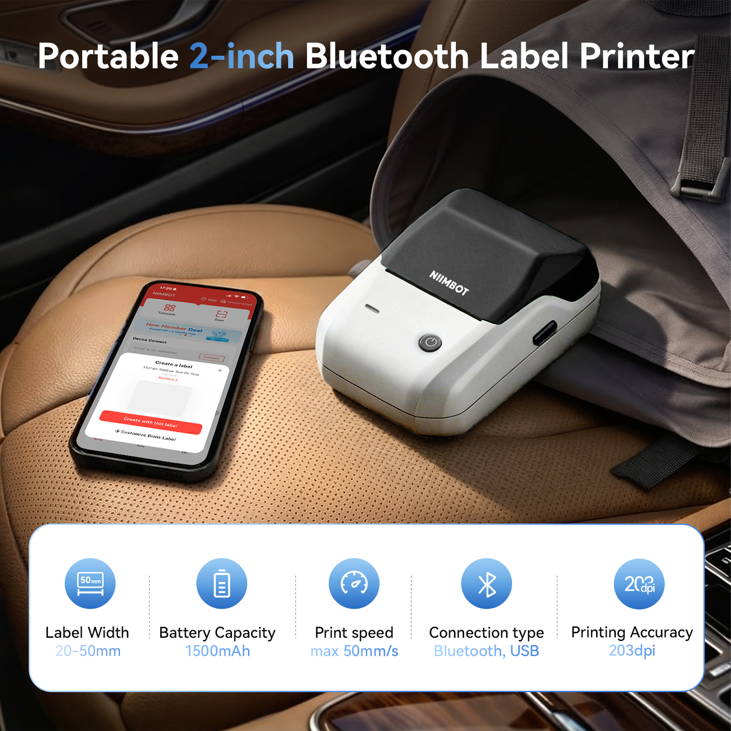 Tragbarer 2-Zoll-Bluetooth-Etikettendrucker mit Smartphone-App und Spezifikationen.