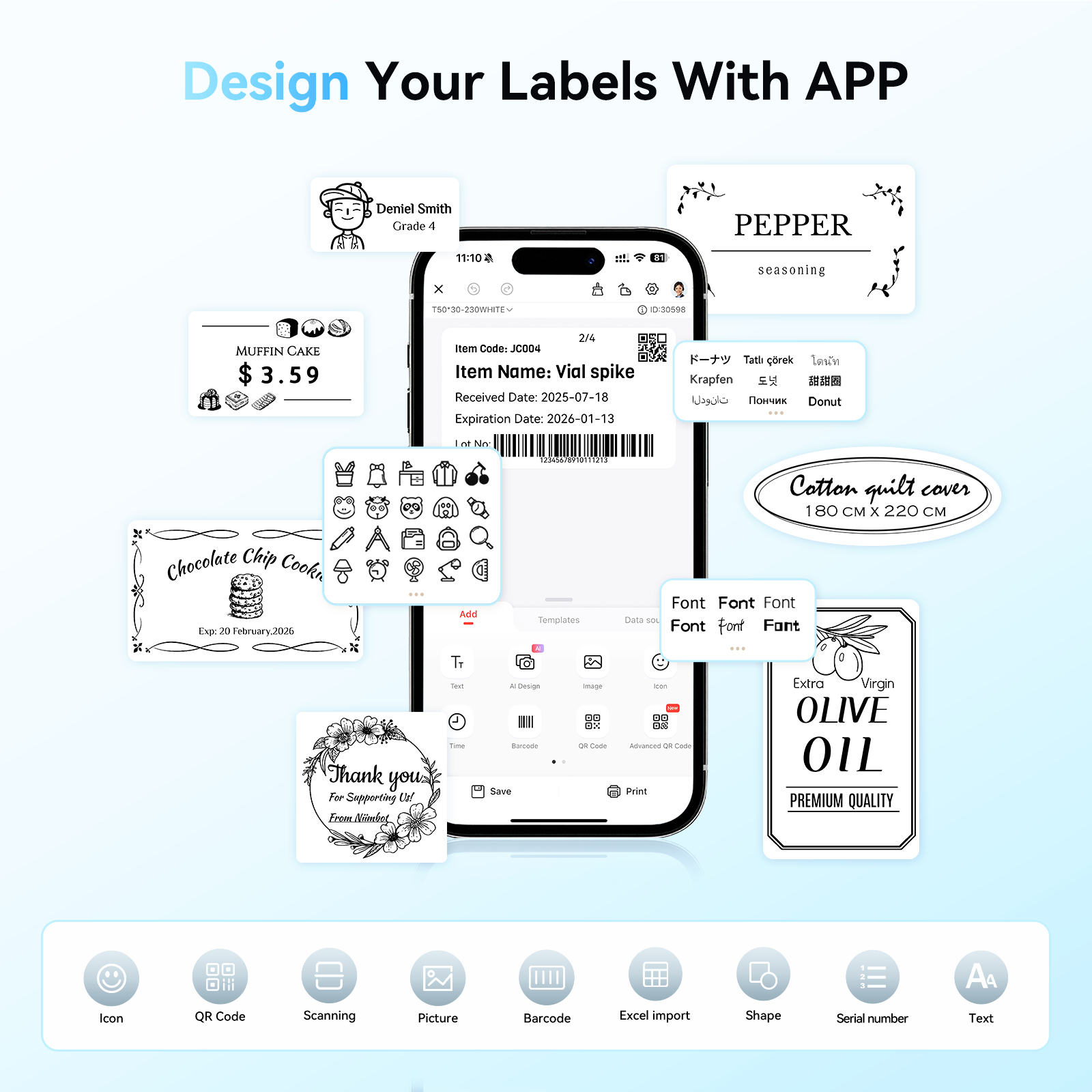 App-Oberfläche zum Gestalten von Etiketten mit Beispielen für Muffins, Gewürze, Olivenöl und mehr.
