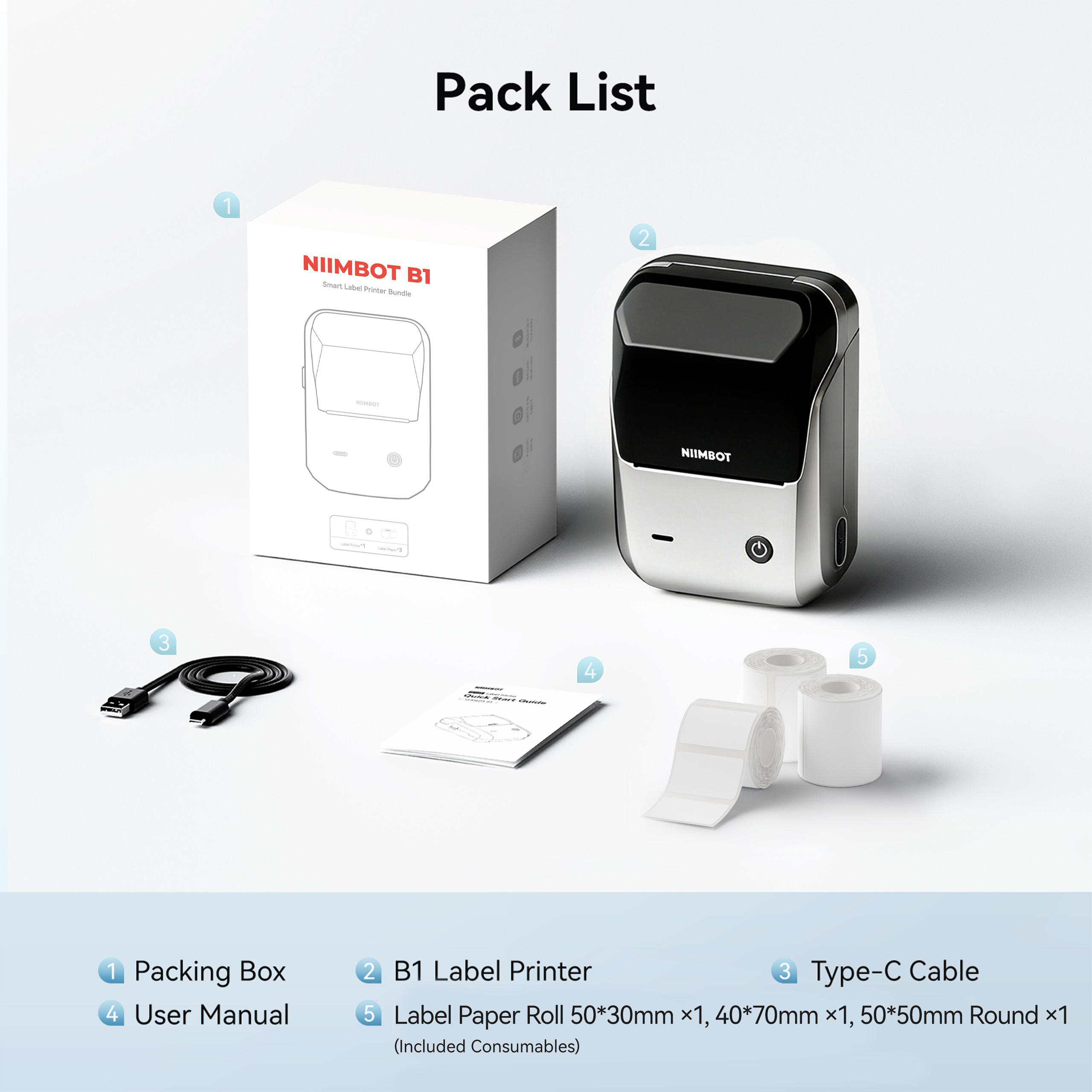 Packliste: Karton, Drucker, Kabel, Handbuch und Etikettenrollen.