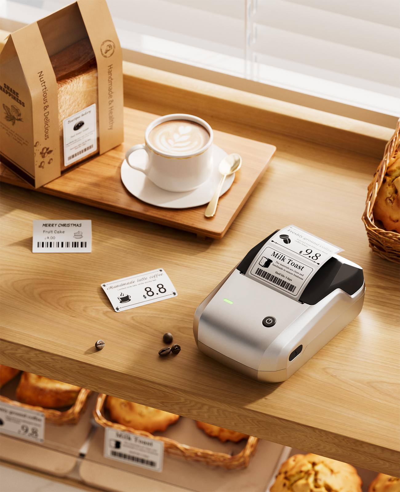 Ein silberner Etikettendrucker steht auf einer Holztheke neben einer Kaffeetasse, Brot und Etiketten.