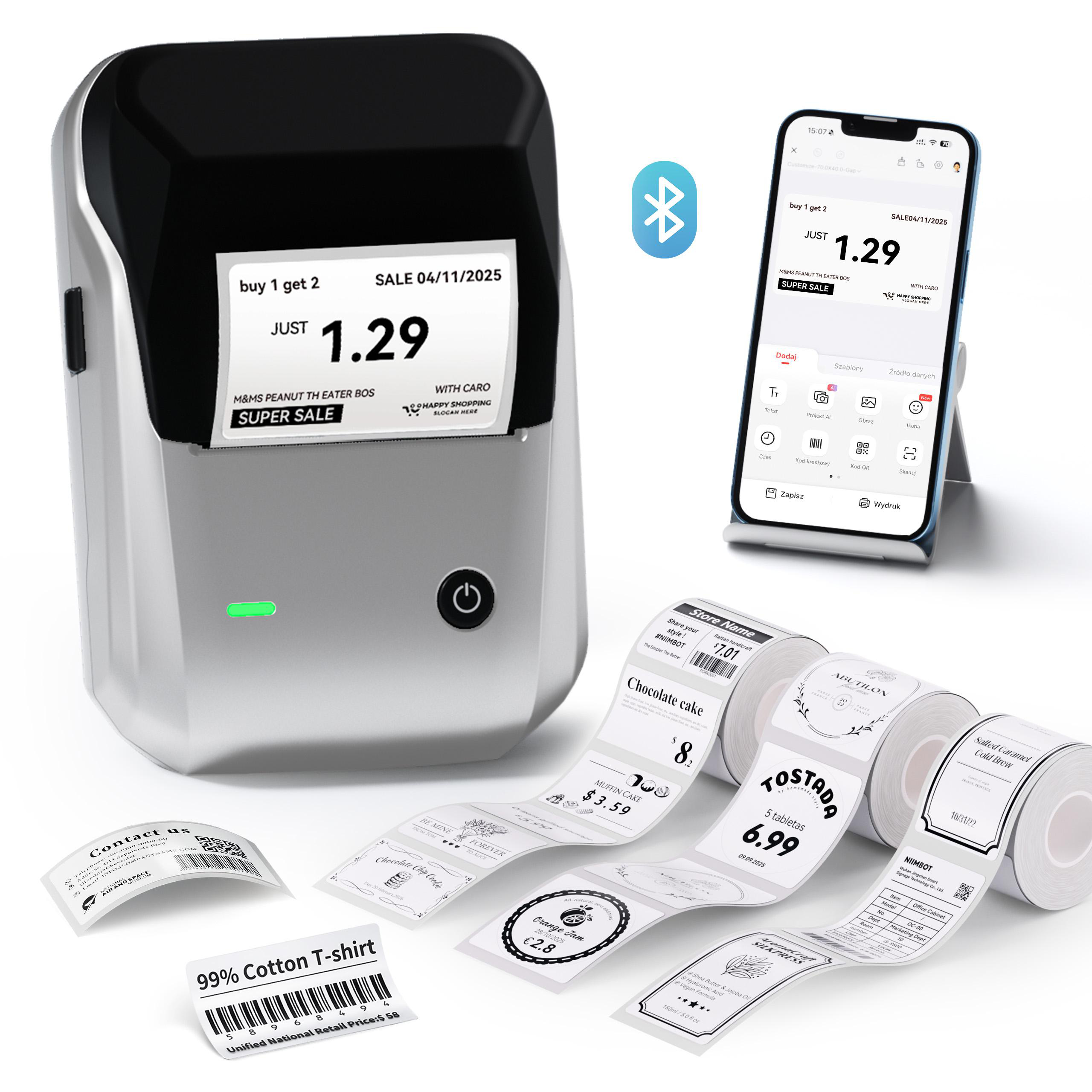 Ein Drucker mit Etikettenrollen und einem Smartphone, das eine Etiketten-App anzeigt.