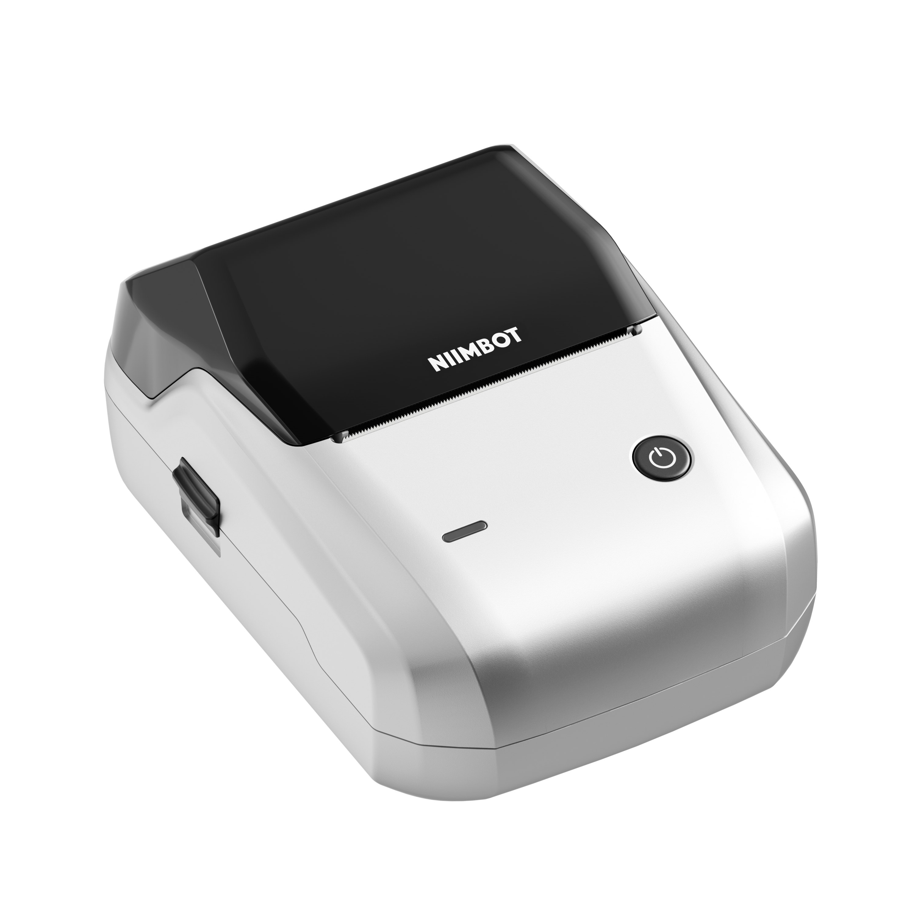Ein weißer Niimbot-Drucker mit schwarzem Deckel und Power-Knopf.