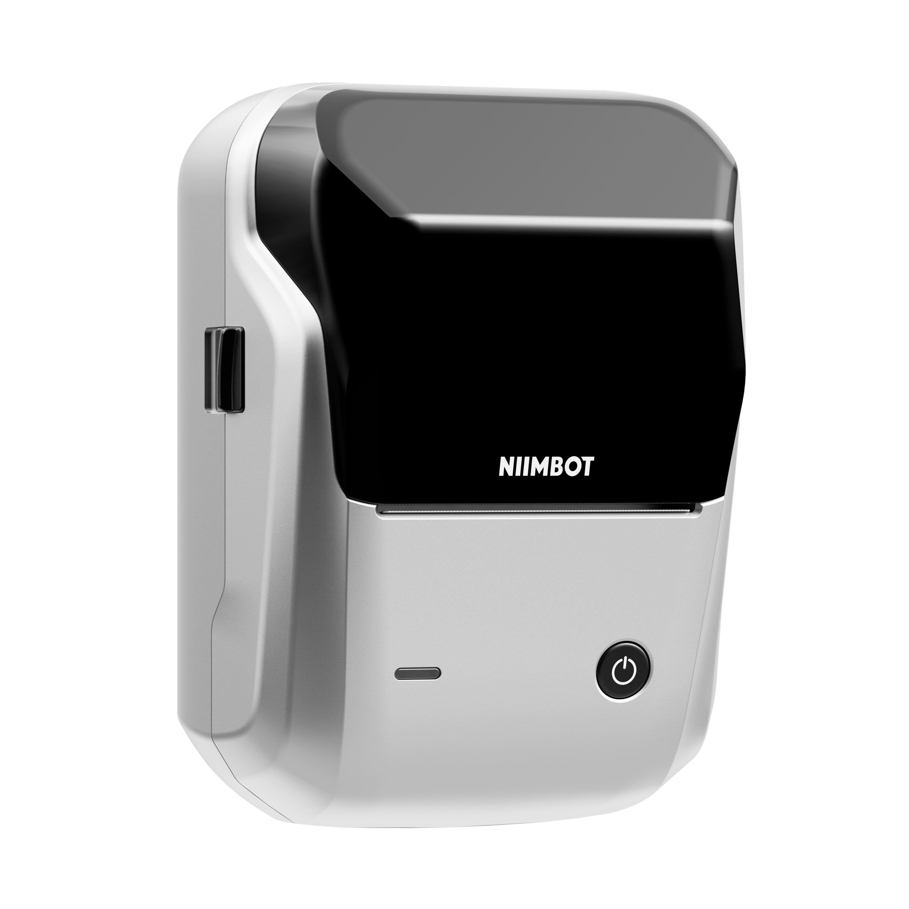 Ein weißer Niimbot-Drucker mit schwarzem Bildschirm und Power-Taste.