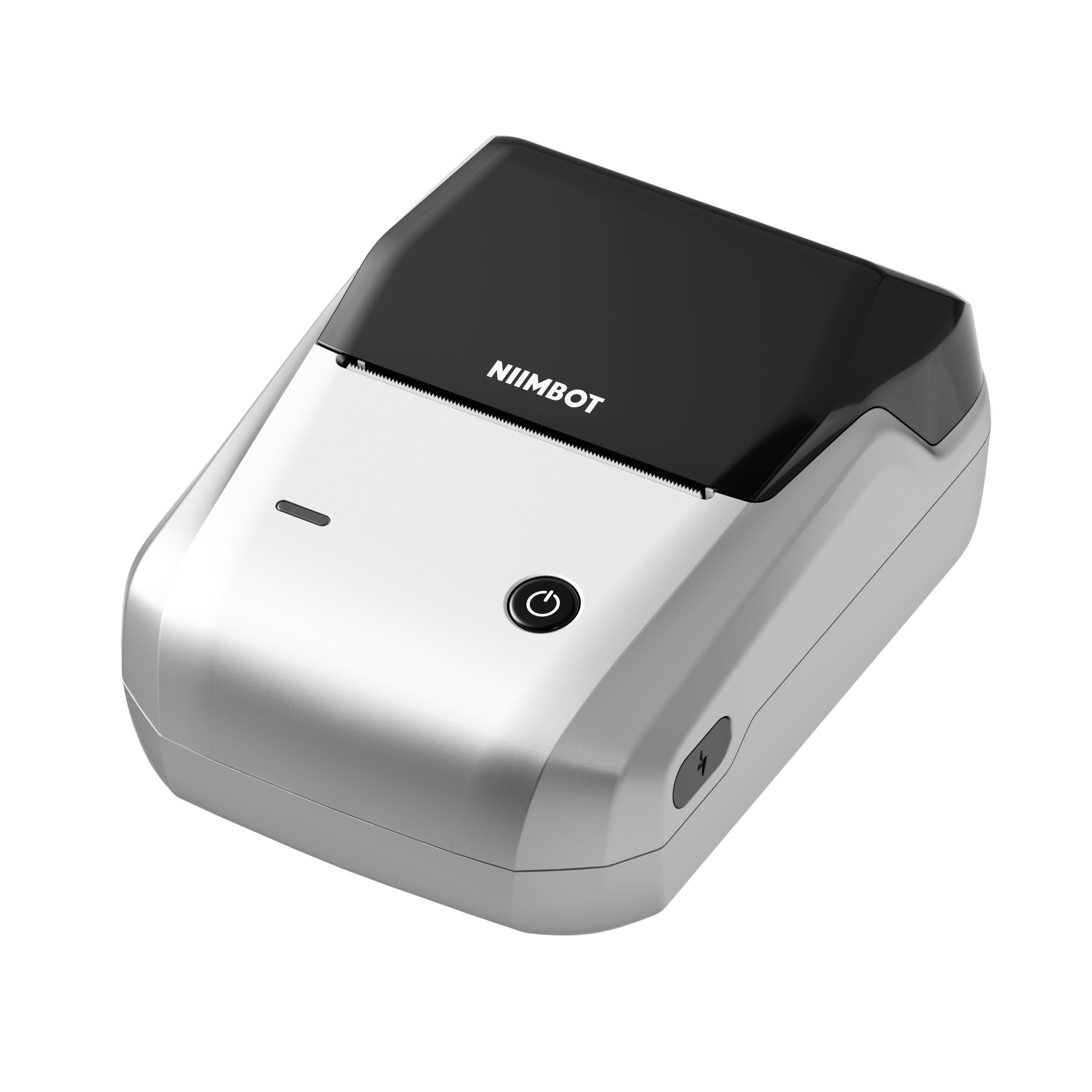 Ein weißer tragbarer NIIMBOT-Drucker mit schwarzem Deckel und Ein-/Aus-Taste.