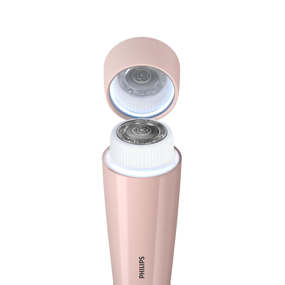 Ein rosa Philips Epilierer mit offenem Kopf und freiliegenden Klingen.