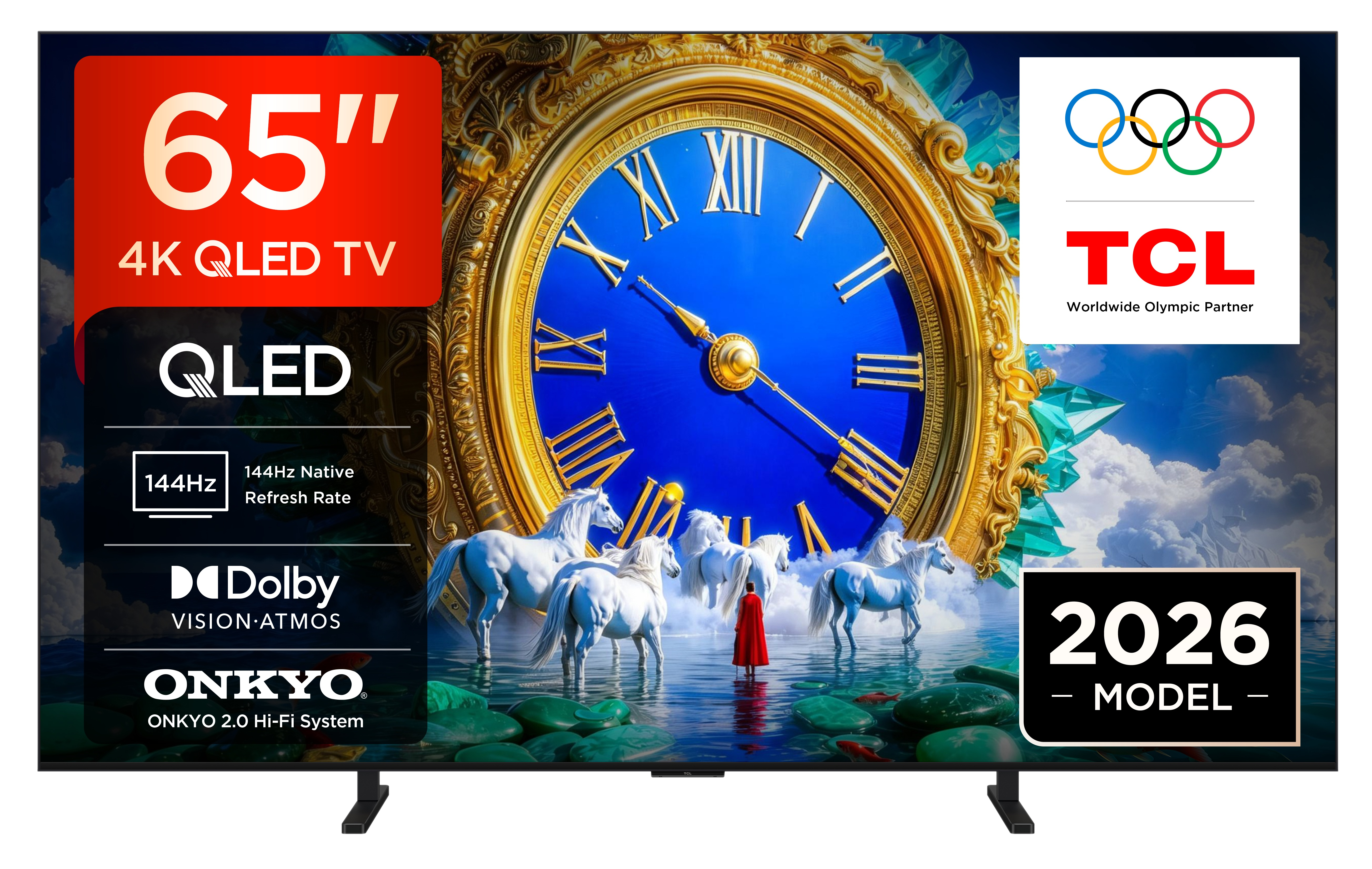 Telewizor 65" 4K QLED TCL z kółkami olimpijskimi, zegarem, końmi i modelem 2026.