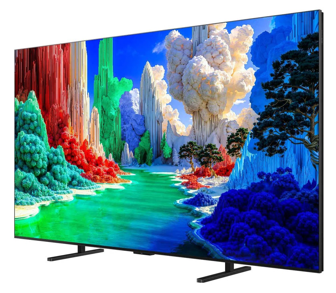 Duży telewizor wyświetla surrealistyczny, kolorowy krajobraz z abstrakcyjnymi formacjami skalnymi.