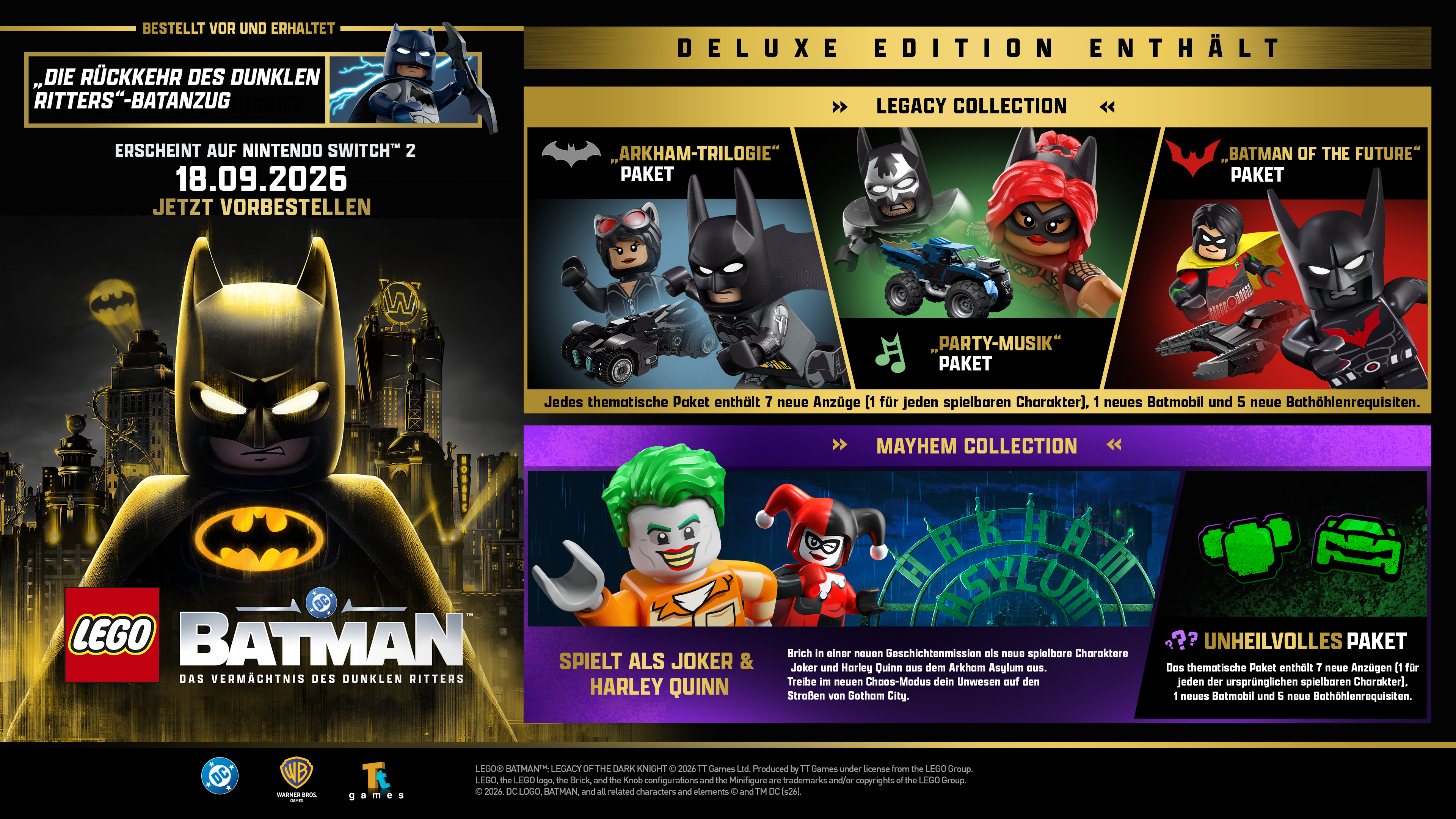 LEGO Batman Deluxe Edition mit verschiedenen Paketen und Charakteren.