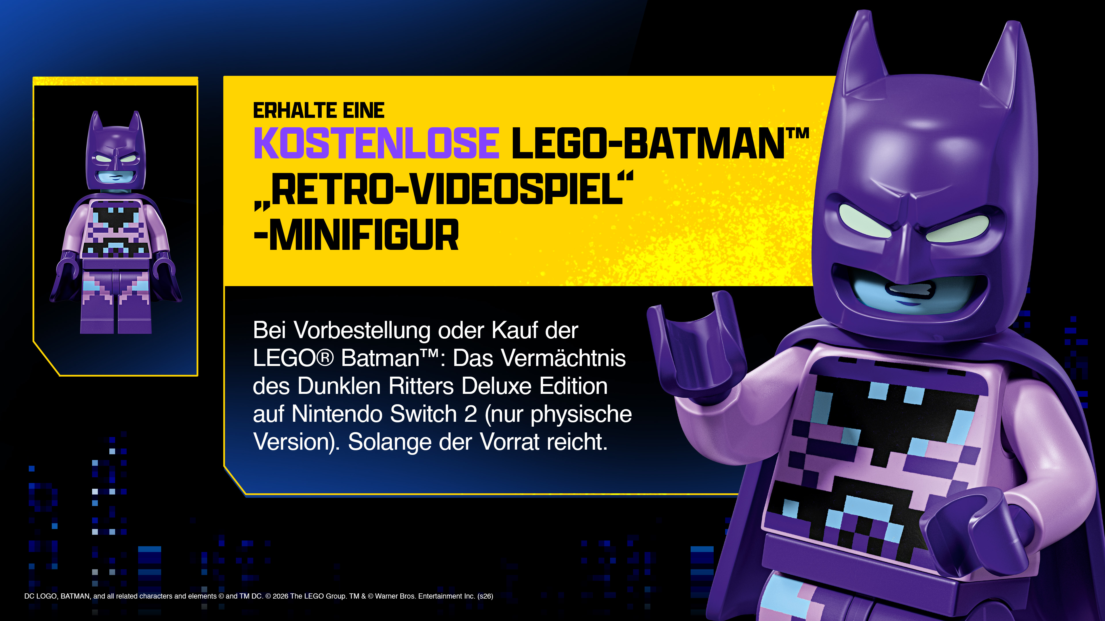 Lego Batman Minifigur in Violett mit Retro-Pixel-Design. Text über Angebot.