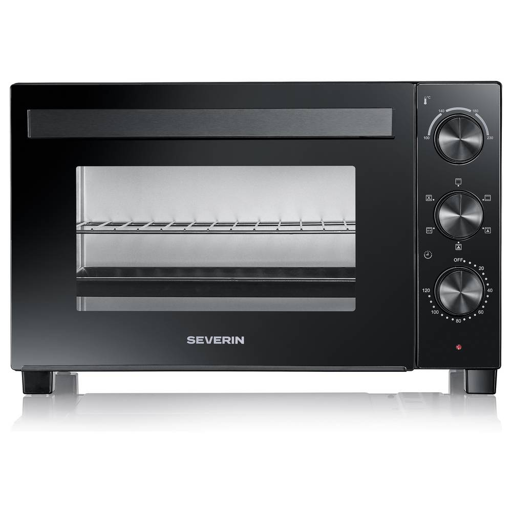 Ein schwarzer Severin-Minibackofen mit Glasfenster und drei Drehreglern.