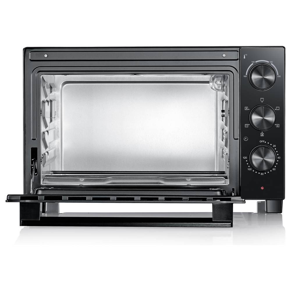 Schwarzer Toaster mit offener Tür, Innenraum sichtbar. Bedienknöpfe rechts.